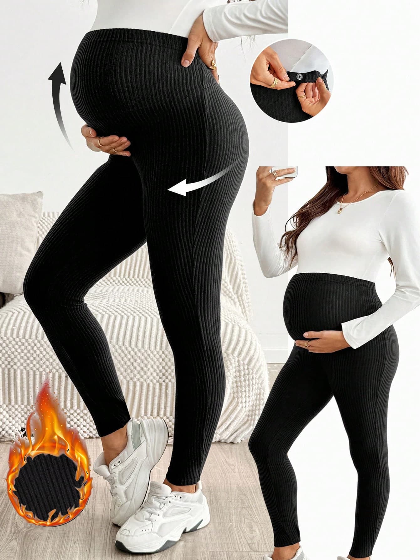 SHEIN Maternity Casual Versatile Solid Color High Waist Leggings Autumn Outfit Black