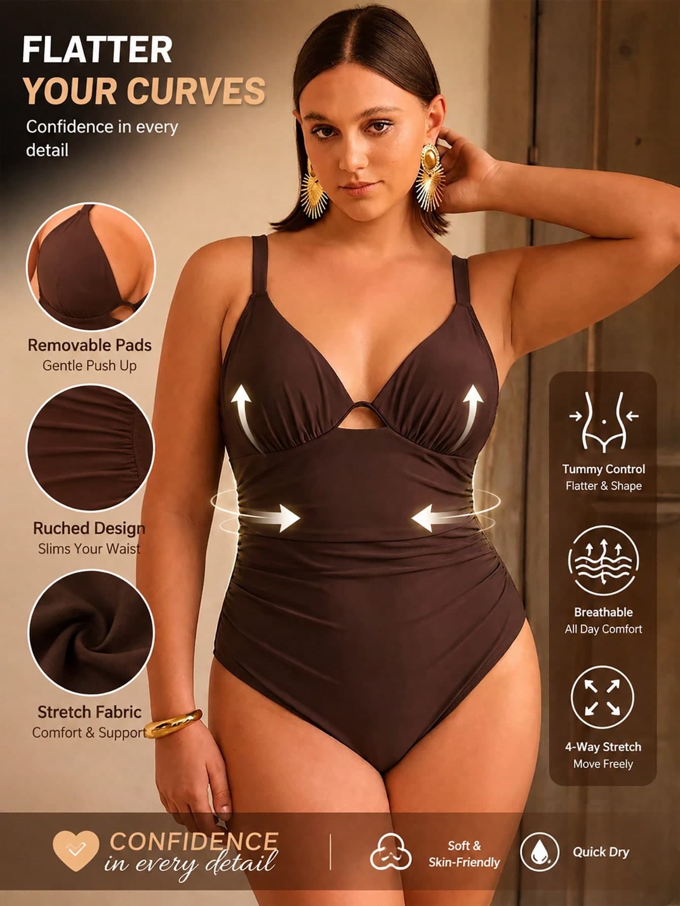 Shapewave Plus Size Women Solid Color Special Fabric Spaghetti Strap Underwire One-Piece Swimsuit