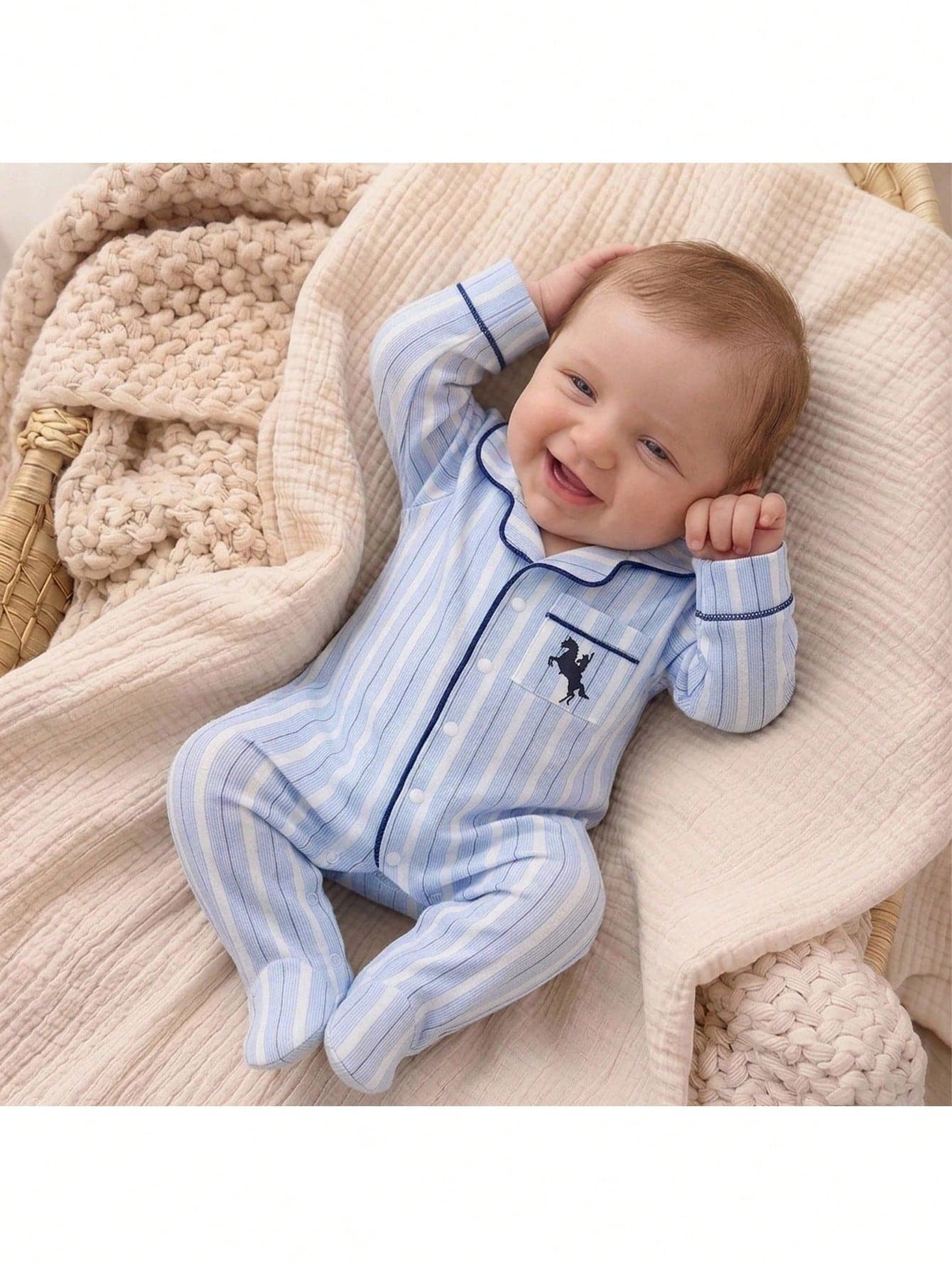 SHEIN Newborn Baby Striped Knight Pattern Print Button Romper Long Pants Loungewear