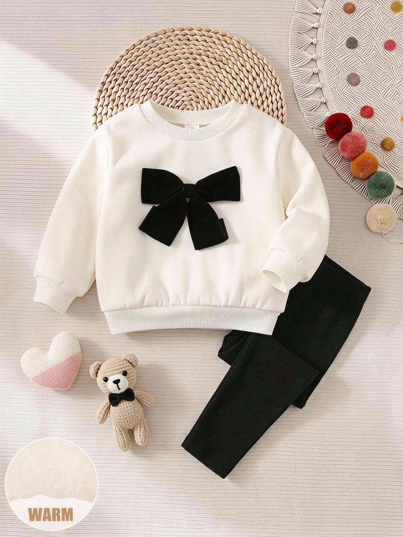 SHEIN Young Girl Contrast Color Bow Round Neck Long Sleeve Pullover Sweatshirt Solid Color Elastic Waist Long Pants 2pcs/Set Fashion Daily Cute Casual Minimalist Basic Style, Suitable For Indoor/Outdoor, Daily, Sports, Play, Party, Holiday, New Year In Autumn/Winter
