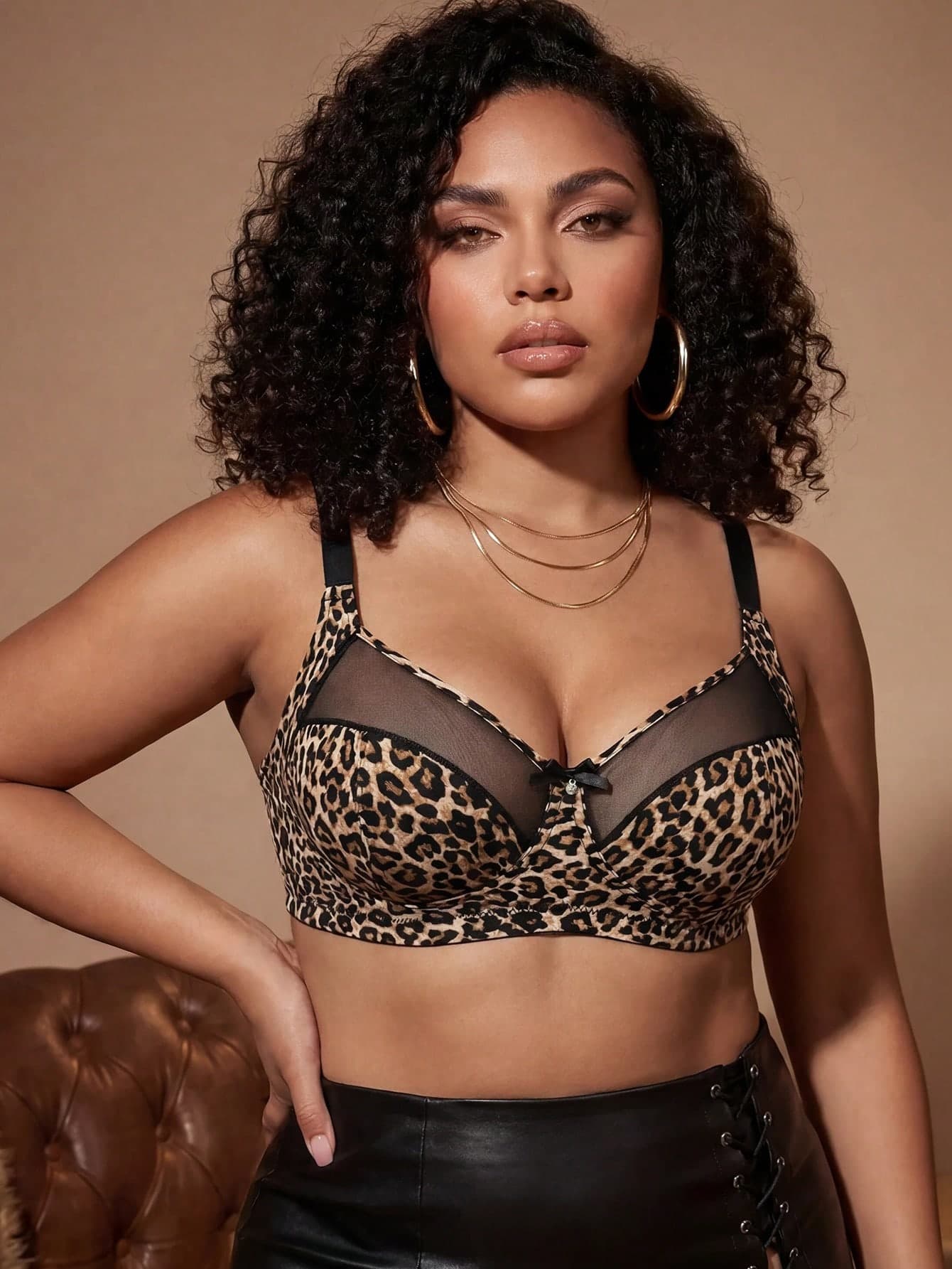Bare Chapter Plus Size Women Leopard Print Patchwork Wireless Adjustable Strap Sexy Bra
