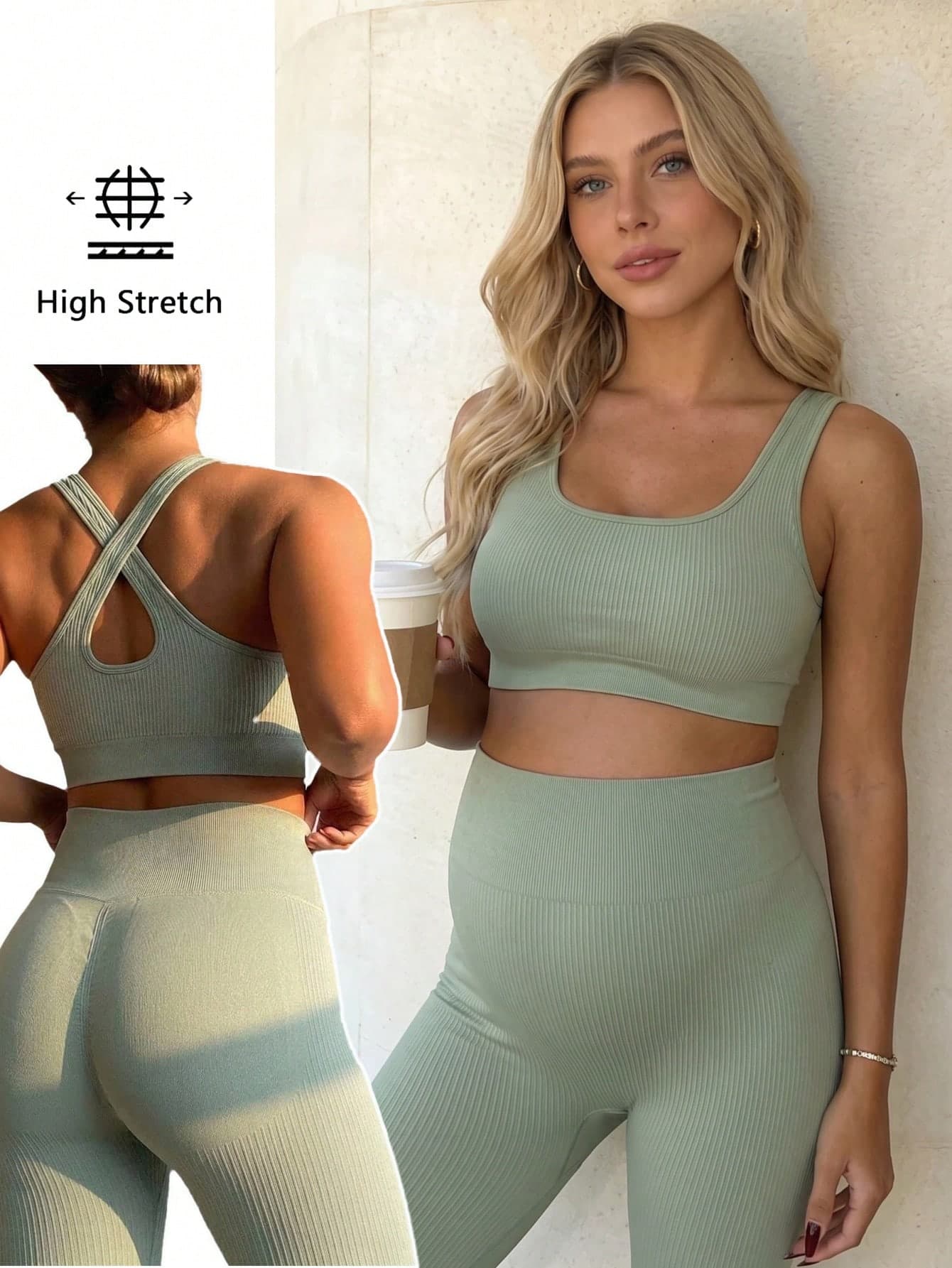 SHEIN Maternity Solid Color Criss-Cross Back Sports Bra And Leggings Set