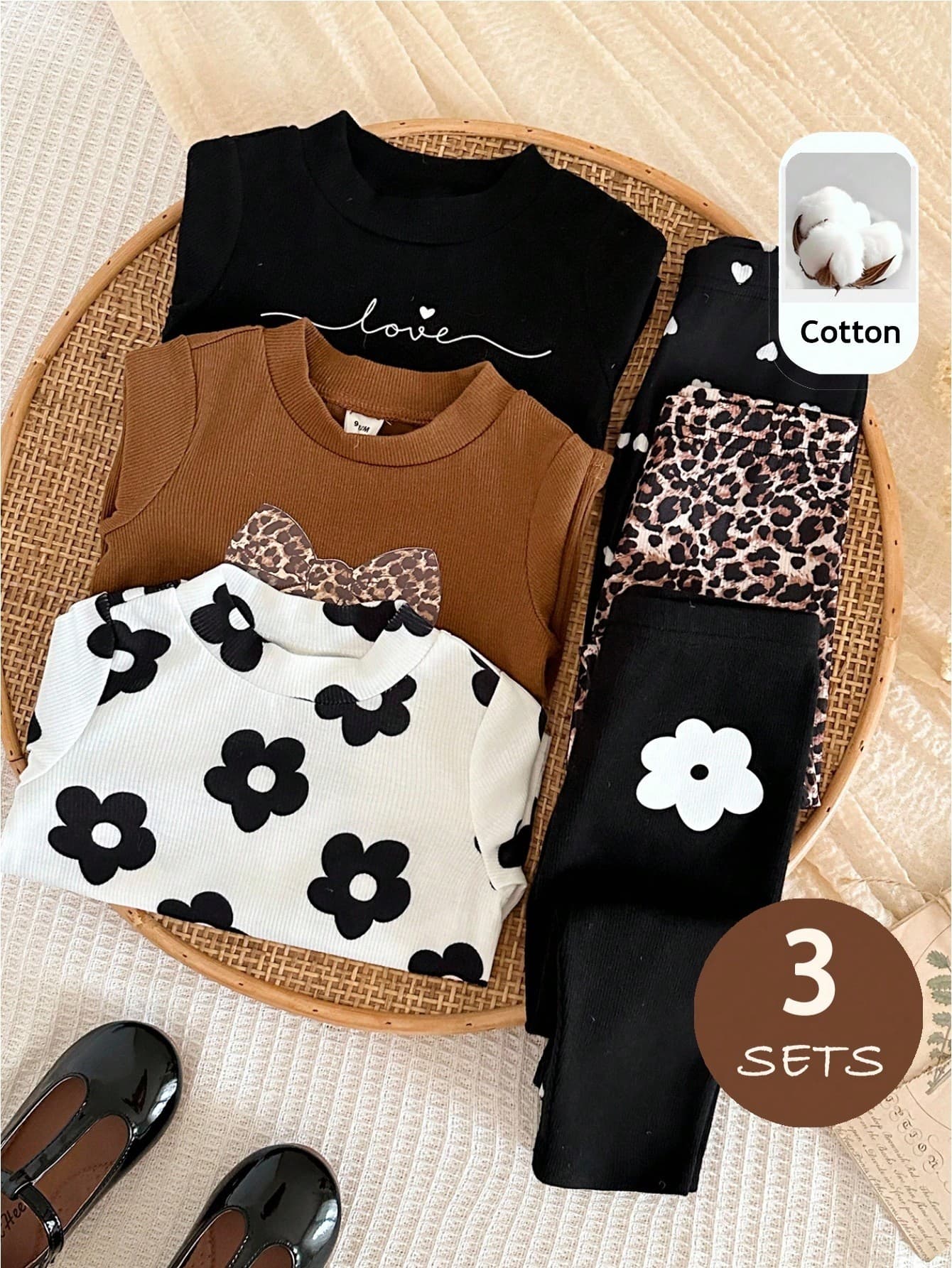 LMoss Kids Baby Girl Knitted Heart Leopard Print Flower Pattern Crew Neck T-Shirt And Long Pants 6-Piece Set