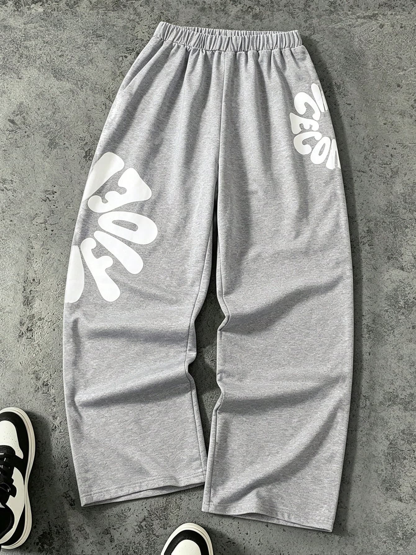 PAVTROS Boys' Gray Floral Fashionable Personalized Large Letter Print Casual Minimalist Sports Wide Leg Loose Elastic Waist Long Pants
