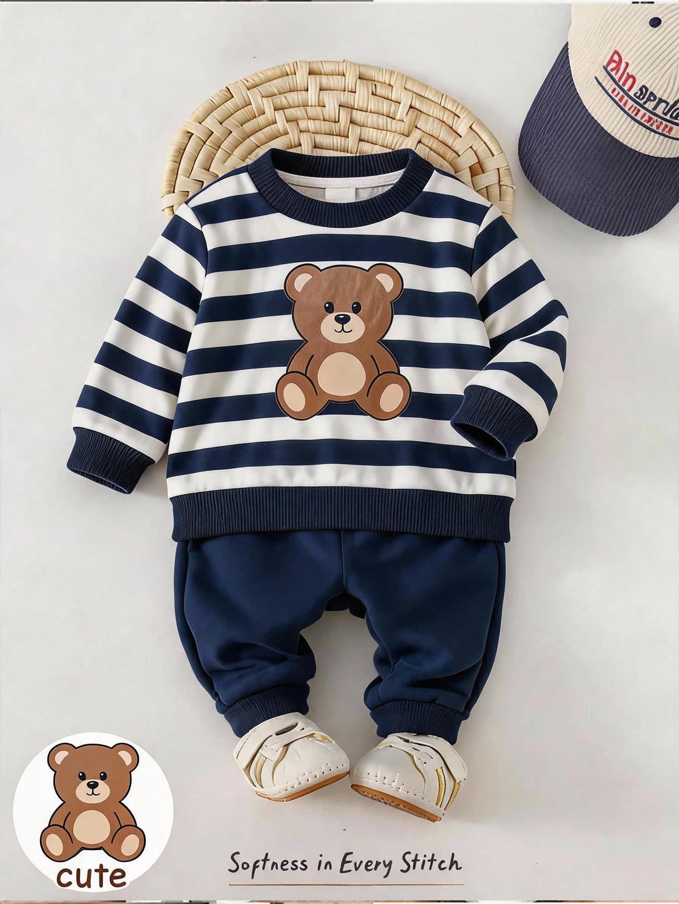 Cozy Pixies Baby Boy Kids Casual Daily Striped Blue & White Teddy Bear Print Autumn Winter Sweatshirt & Sweatpants 2-Piece Set