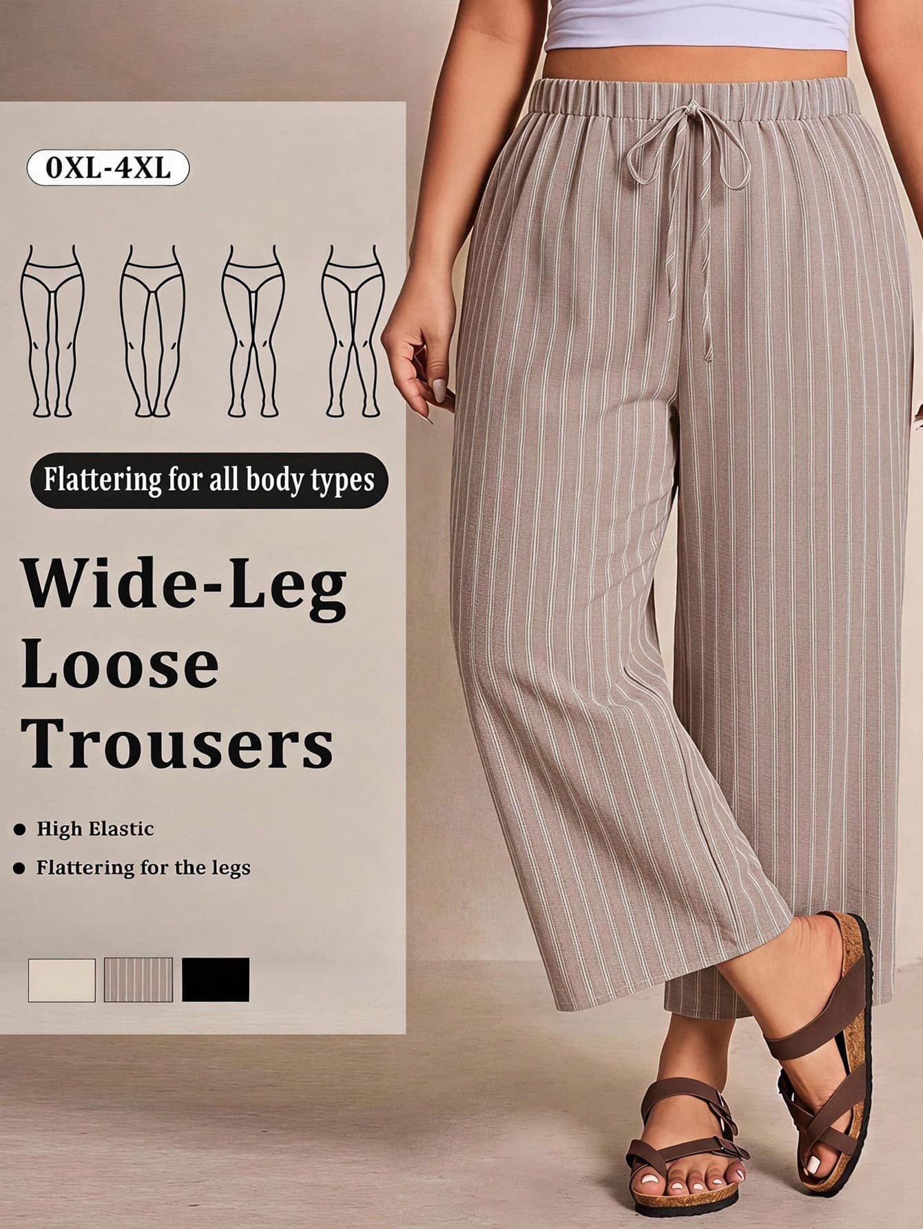 SHEIN Essnce Plus Size Women's Striped Tie Waist Wide Leg Loose Long Pants Minimalist