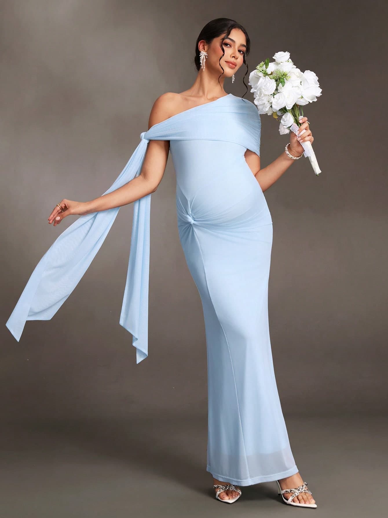 Cheriluna Maternity Maternity Blue Asymmetrical Shoulder Tie-Knot Photography Dress