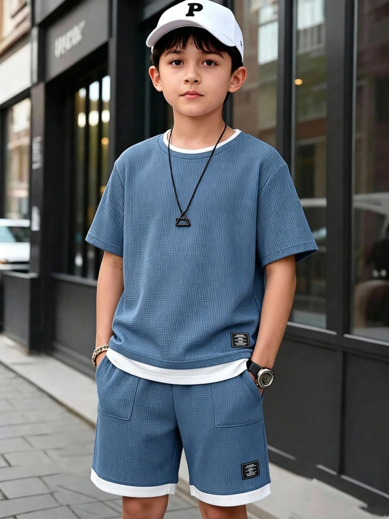 SHEIN Vacaura Tween Boy Letter Print Short Sleeve T-Shirt And Shorts Casual 2-Piece Set