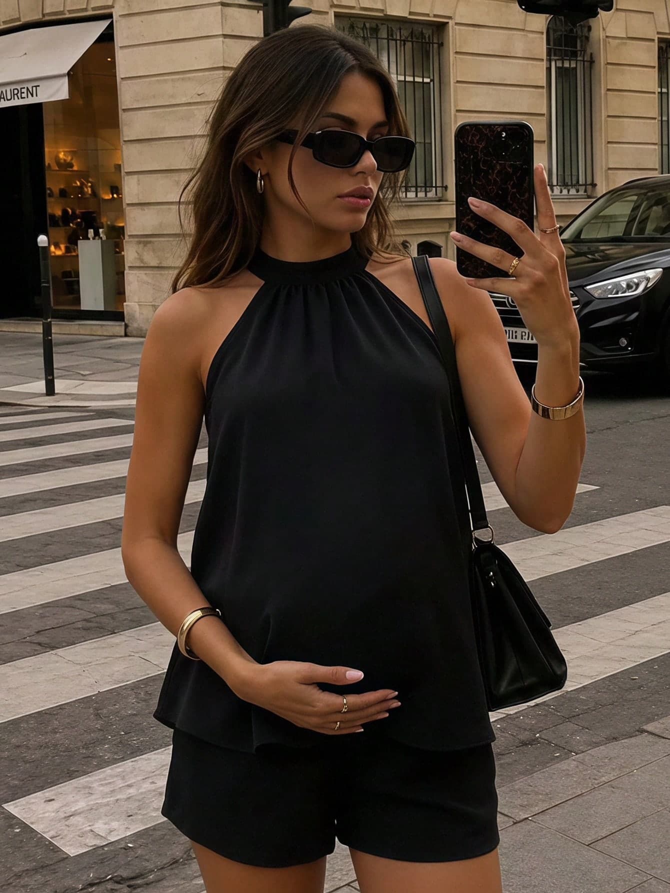 Momance 2pcs Maternity Set Halter Neck Sleeveless A-Line Loose Top With Waist Adjustment Straight Leg Shorts Business Casual Elegant Outfit Daily Commute