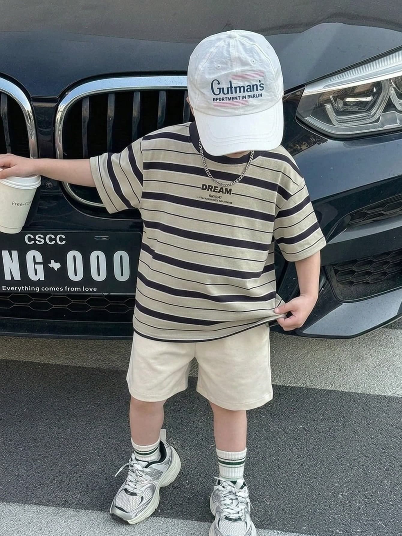 2pcs/Set Young Boys' Casual Striped Print Round Neck Short Sleeve T-Shirt And Solid Color Shorts,Comfortable Versatile Summer Outfit For School Daily