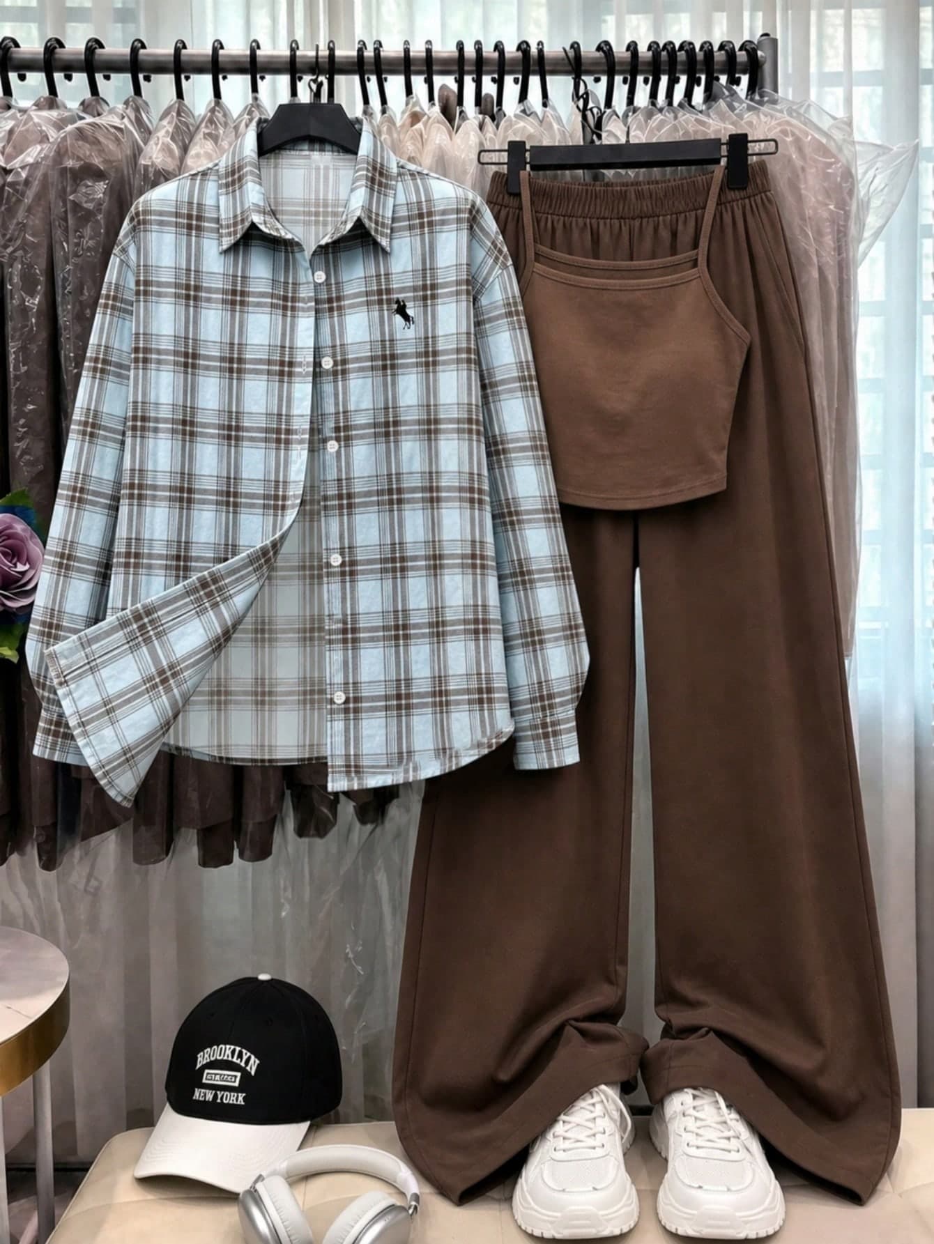 SHEIN Teen Girls Daily Commute Gentle Fresh Elegant Spring Summer Sakura Pink Lightweight Shirt & All-Match Versatile Camisole & Solid Color Straight Leg Wide Leg Long Pants 3 Pieces Set