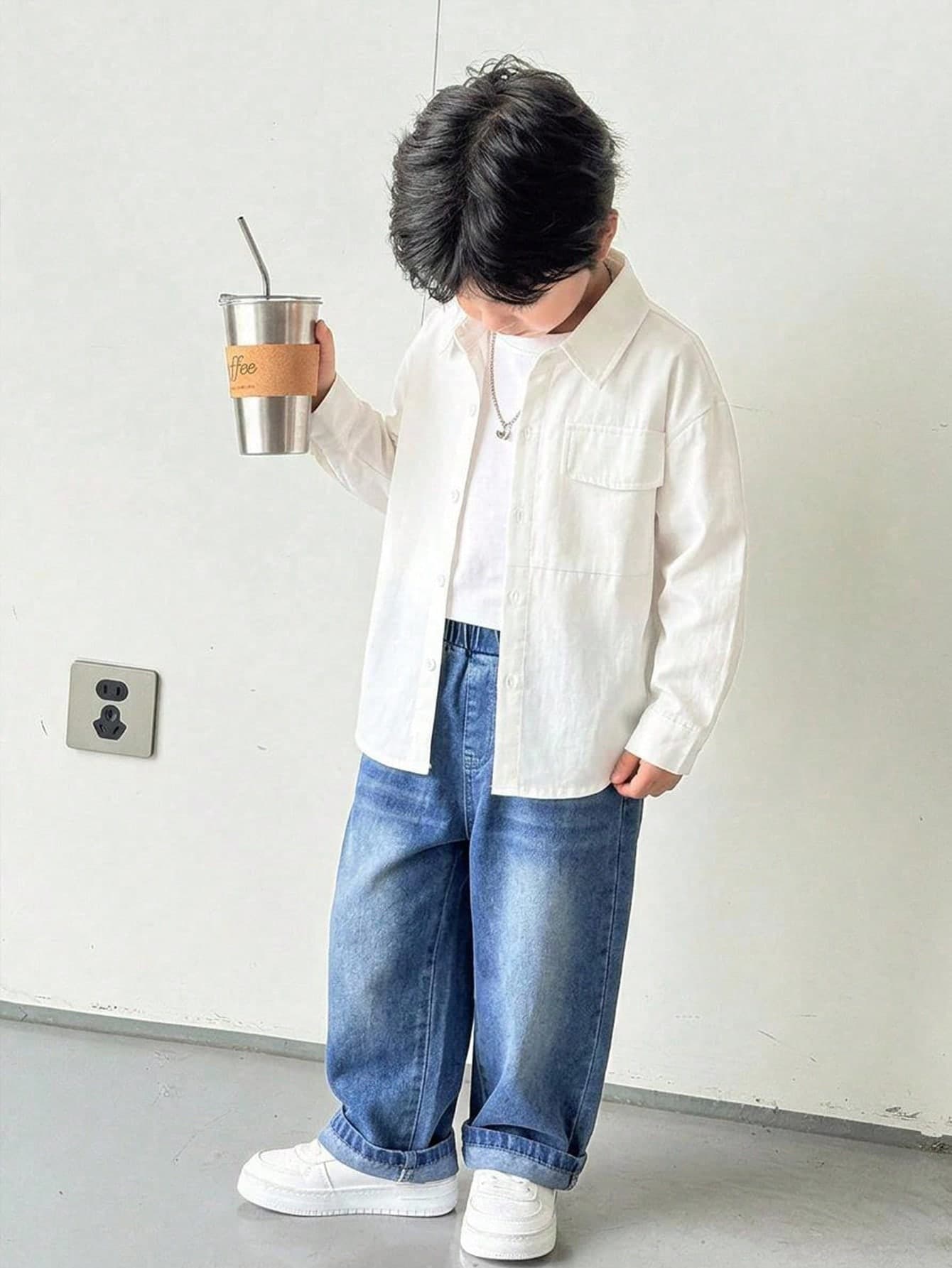 SHEIN Boys' Minimalist Casual 2-Piece Set, White Collared Long Sleeve Shirt & Light Blue Washed Wide Leg Denim Jeans, Cotton Fabric, Youthful Style Kids Outfit, Spring/Autumn Daily, Travel, School Wear, Niche Design Fresh Look, Back To School, Primary School, Middle School