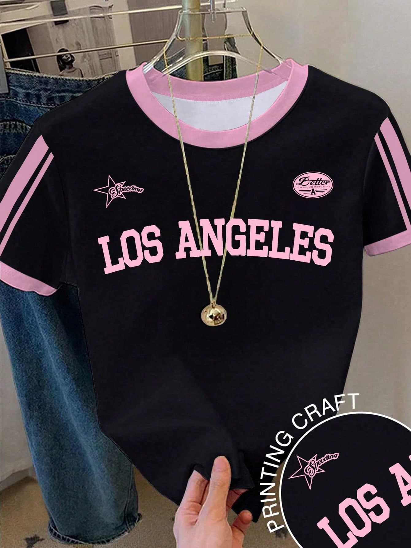 Pink Summer Streetwear Graduation Back-To-School Casual Vintage Colorblock LOS ANGELES Text Crew Neck Short Sleeve Cropped Graphic Tee For Teen Girls