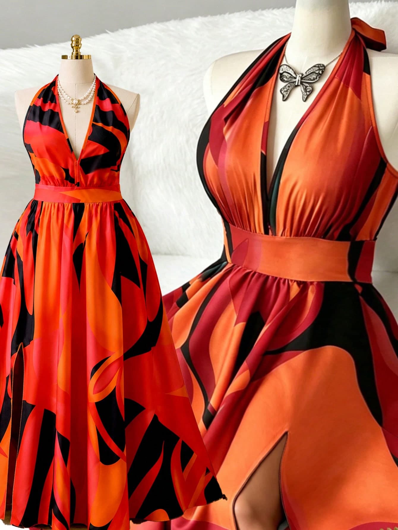 Rometta Plus Size Women's Summer New Halter Neck V-Neck Printed Waist-Cinching Slimming Hem Slit Sexy Elegant Fashionable Vacation Style Maxi Dress. Suitable For Vacation Travel/Beach Vacation/Bar Party/Evening Dinner