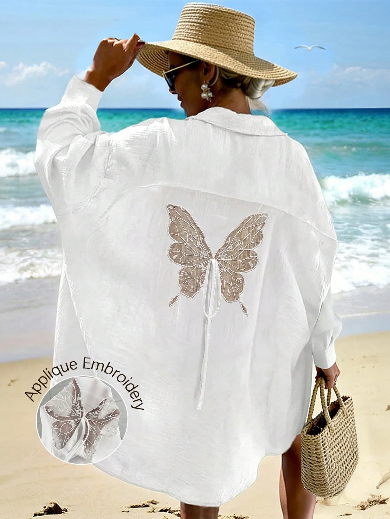 Vaclyn European & American Style Plus Size Hollow Back Butterfly Embroidered Long Sun Protection Shirt Dress