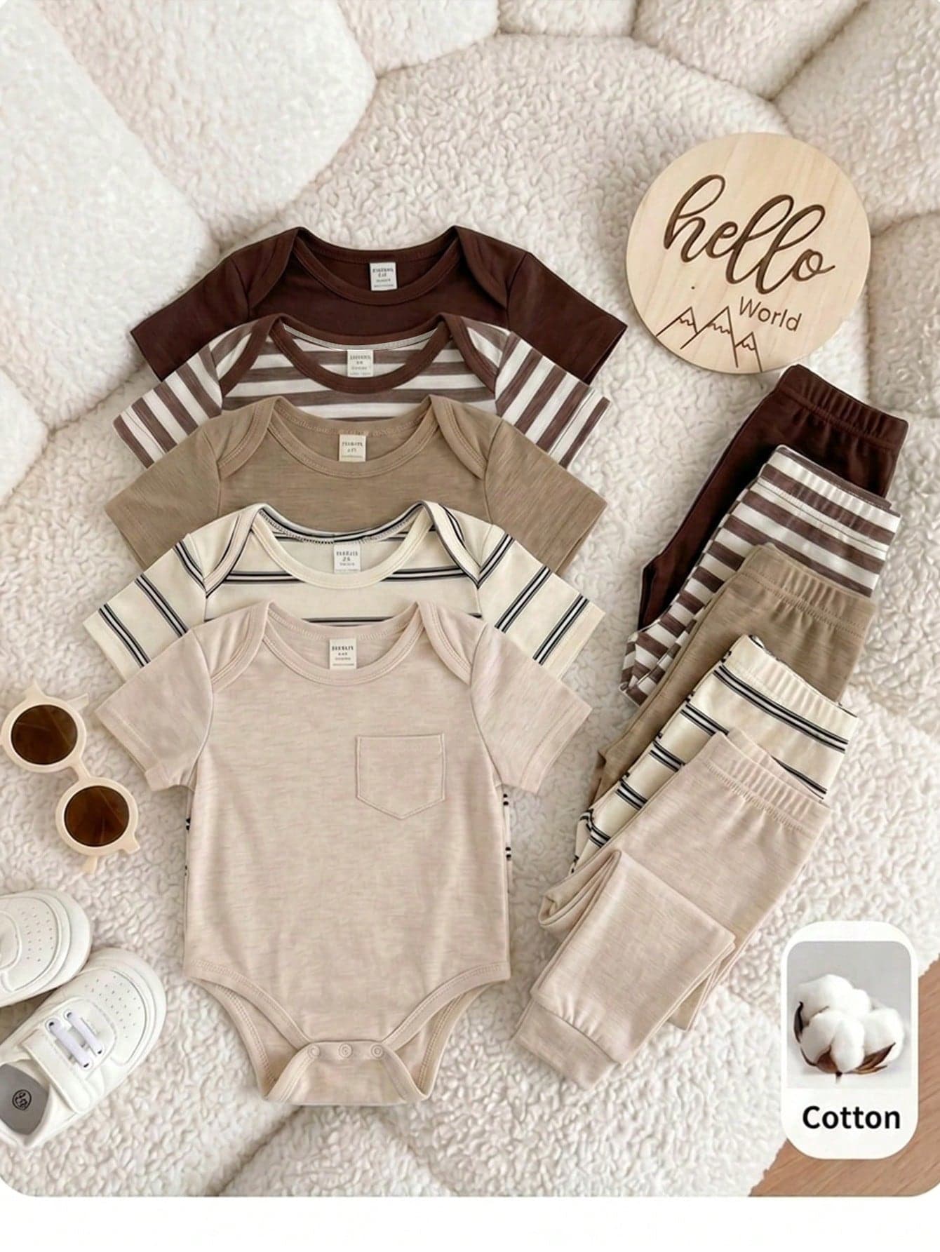 5pcs/Set Unisex Newborn Baby Boy/Girl Summer Casual Knitted Striped Bodysuit,Beige Neutral Mocha Brown Clothes, Versatile Family Matching Set