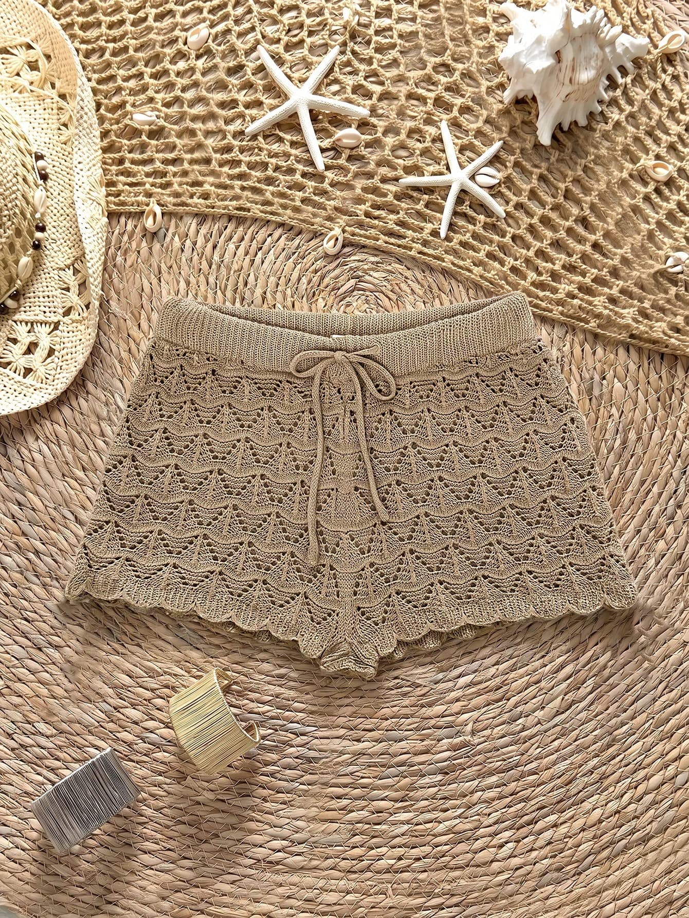 Soleia Crochet Knit Hollow-Out Drawstring Fitted Cover-Up Top And Shorts