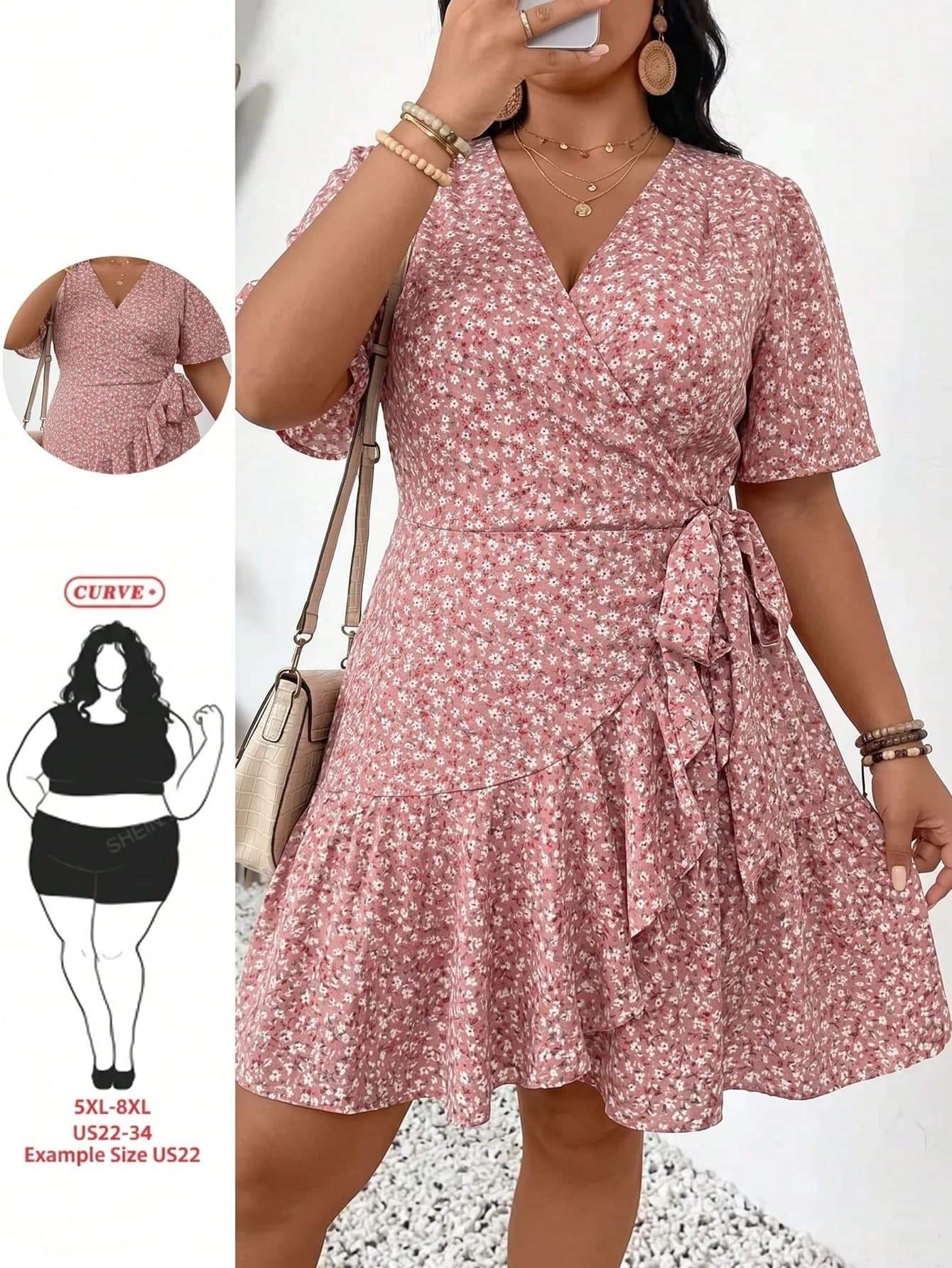 SHEIN CURVE+ Plus Size Women's Dusty Pink Floral V-Neck Ruffle Patchwork Tie Waist Mini Dress, Summer Bohemian Vacation Travel Elegant Party Carnival Outfit