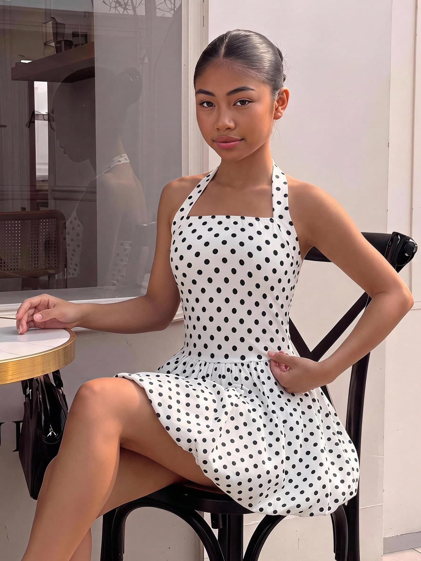 Tween Girls Black & White Polka Dot Halter Neck Princess Dress, Formal Occasion, Travel, Versatile, Vacation, Streetwear, Suitable For Any Occasion, Sister Outfit, Parent-Child Outfit, Cute Girls Outfit