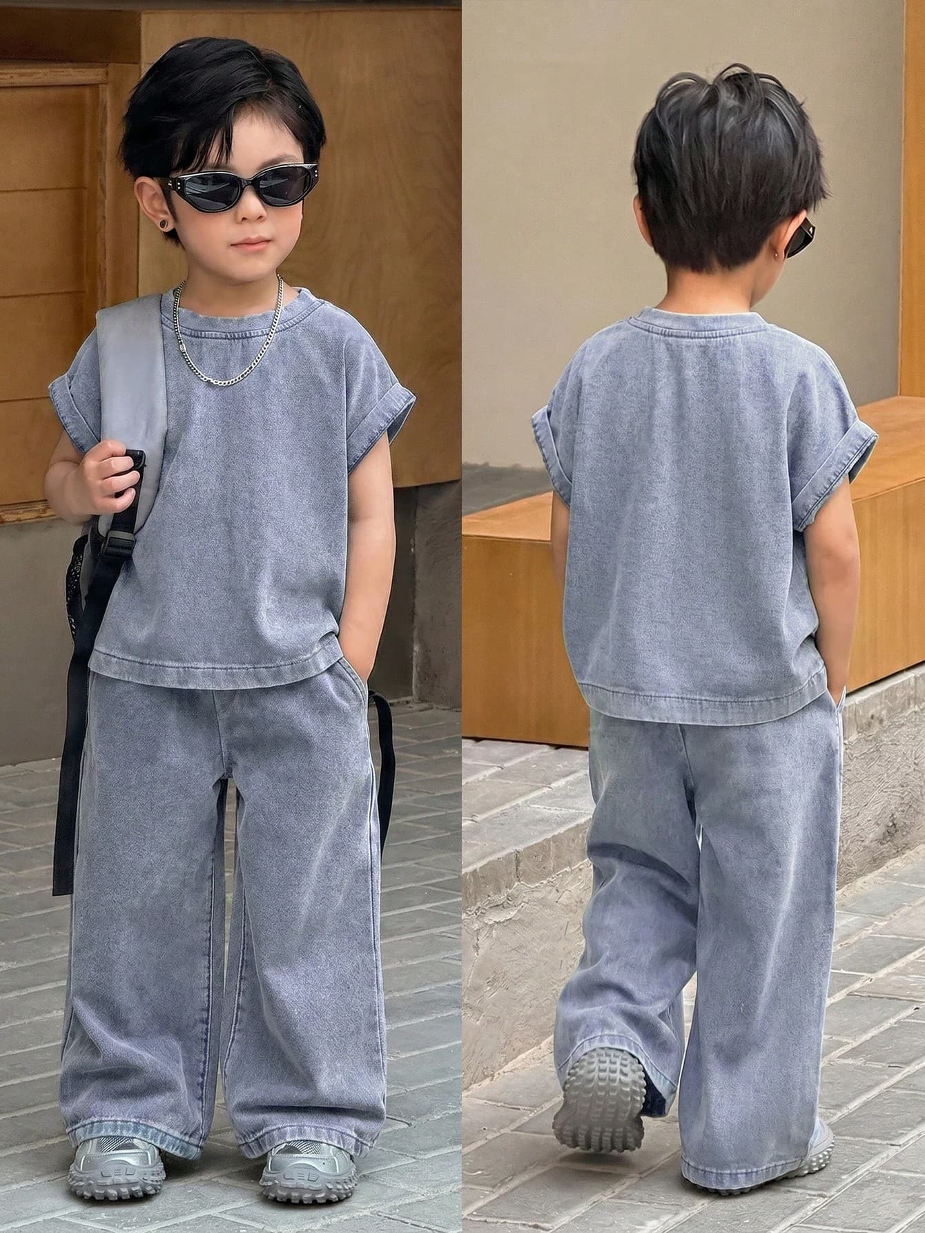 Kids Boys Dark Gray Knit Denim Loose Short Sleeve Top And Long Pants 2pcs Set