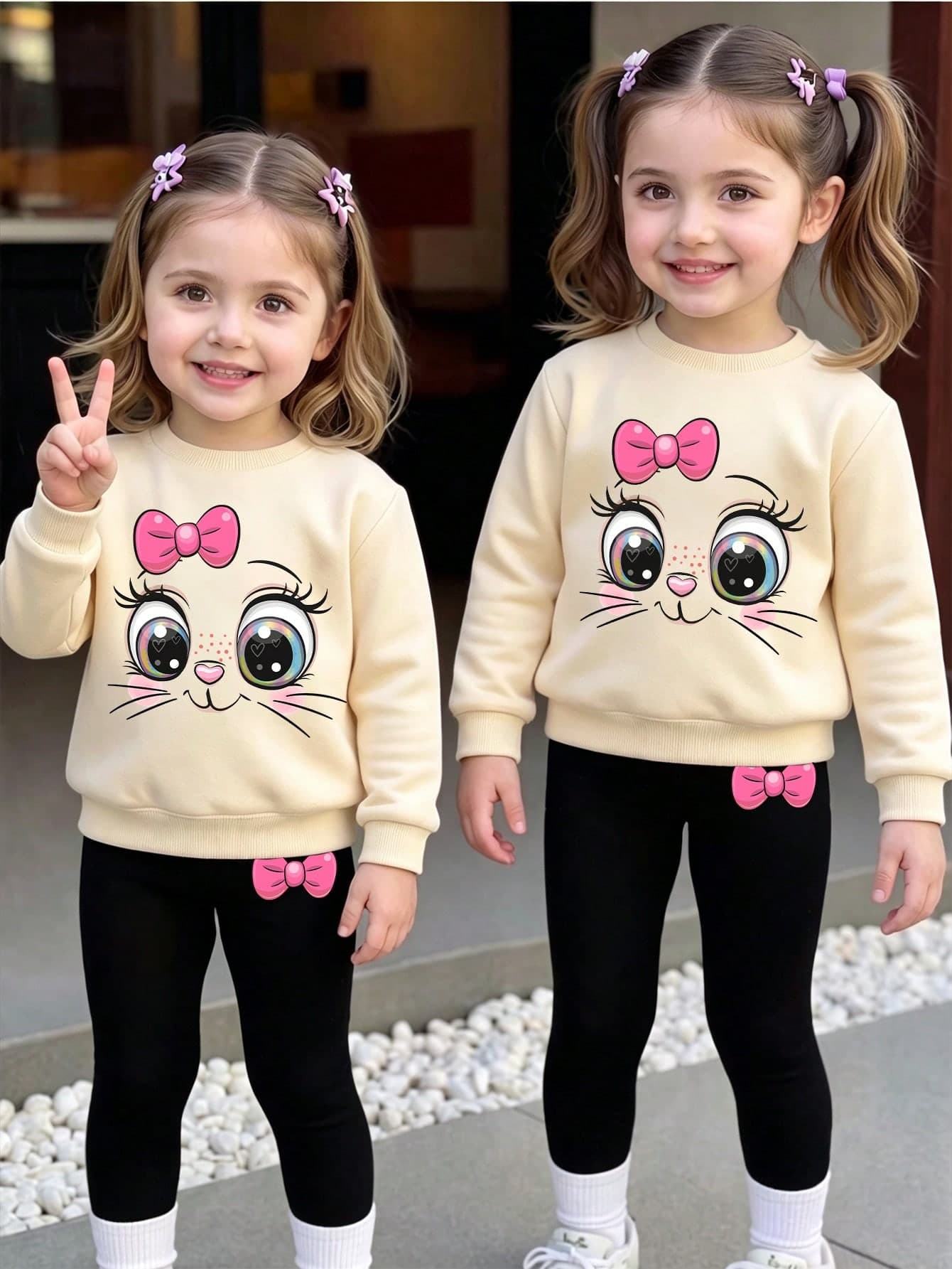 SHEIN 1 Set Baby Girl Sweet Cute Fashion Expression Element Pattern Print Crew Neck Sweatshirt With Matching Print Pattern Leggings Outfit, Suitable For Autumn/Winter Daily Wear