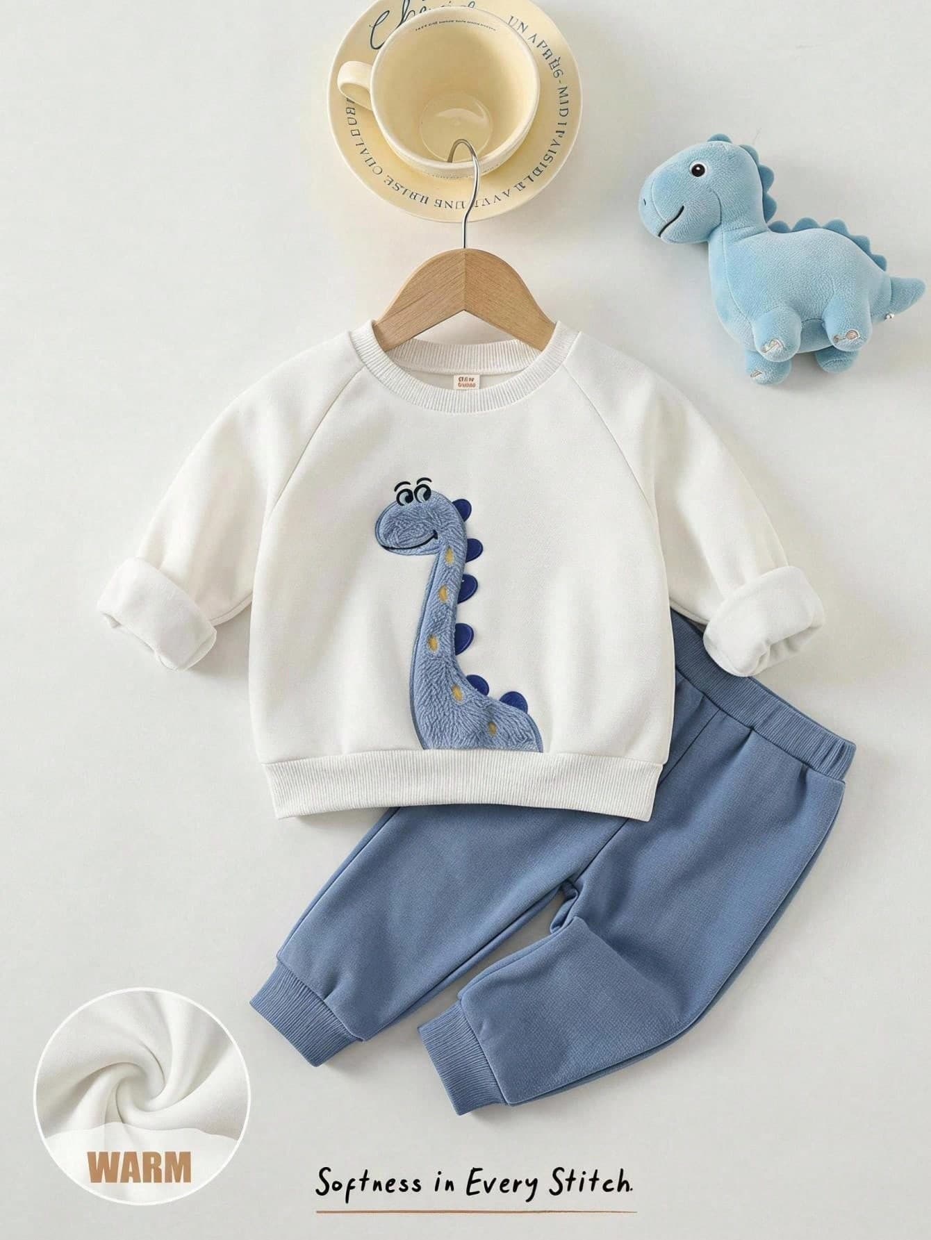 Cozy Pixies Baby Boy Cartoon Animal Pattern Knitted Soft Crew Neck Long Sleeve Pullover Sweatshirt Only Top Dragon Blue Cute Warm Winter Autumn Embroidery