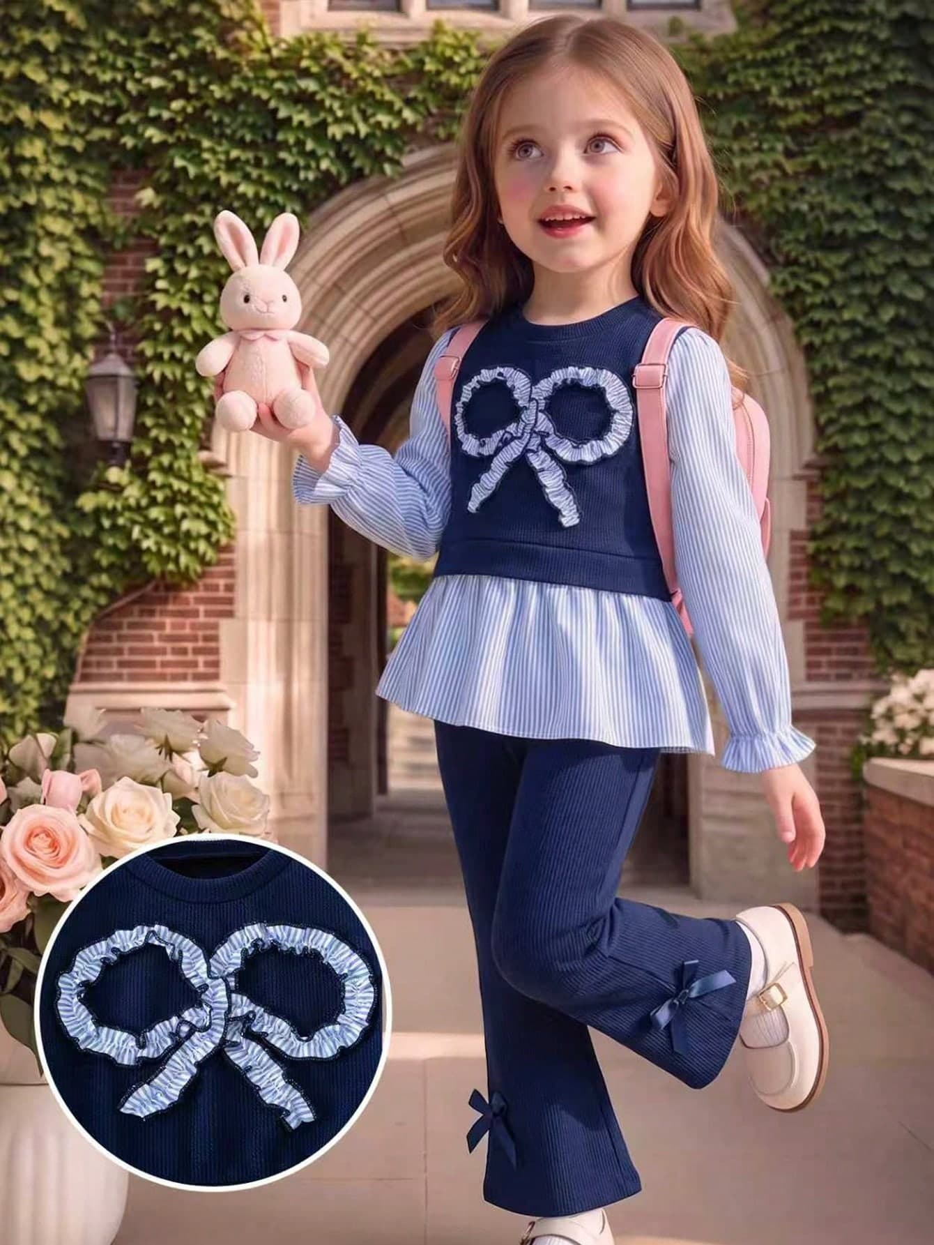 SHEIN 2pcs/Set Girls Blue Striped Bow & Ruffle Trim Long Sleeve 2 In 1 Top With Blue Pants, Back To School Clothes Outfit
