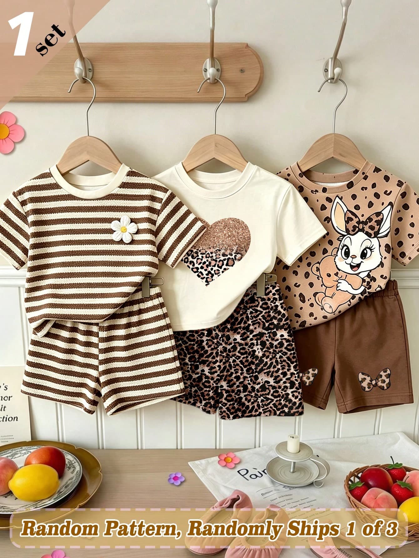 SHEIN Vintaside Kids (Random 3 Sets,Send 1 Set)Baby Girl Glitter Leopard Print Heart Bow Rabbit Flower Striped Pattern Basic Short T-Shirt & Cycling Shorts 2-Piece Set