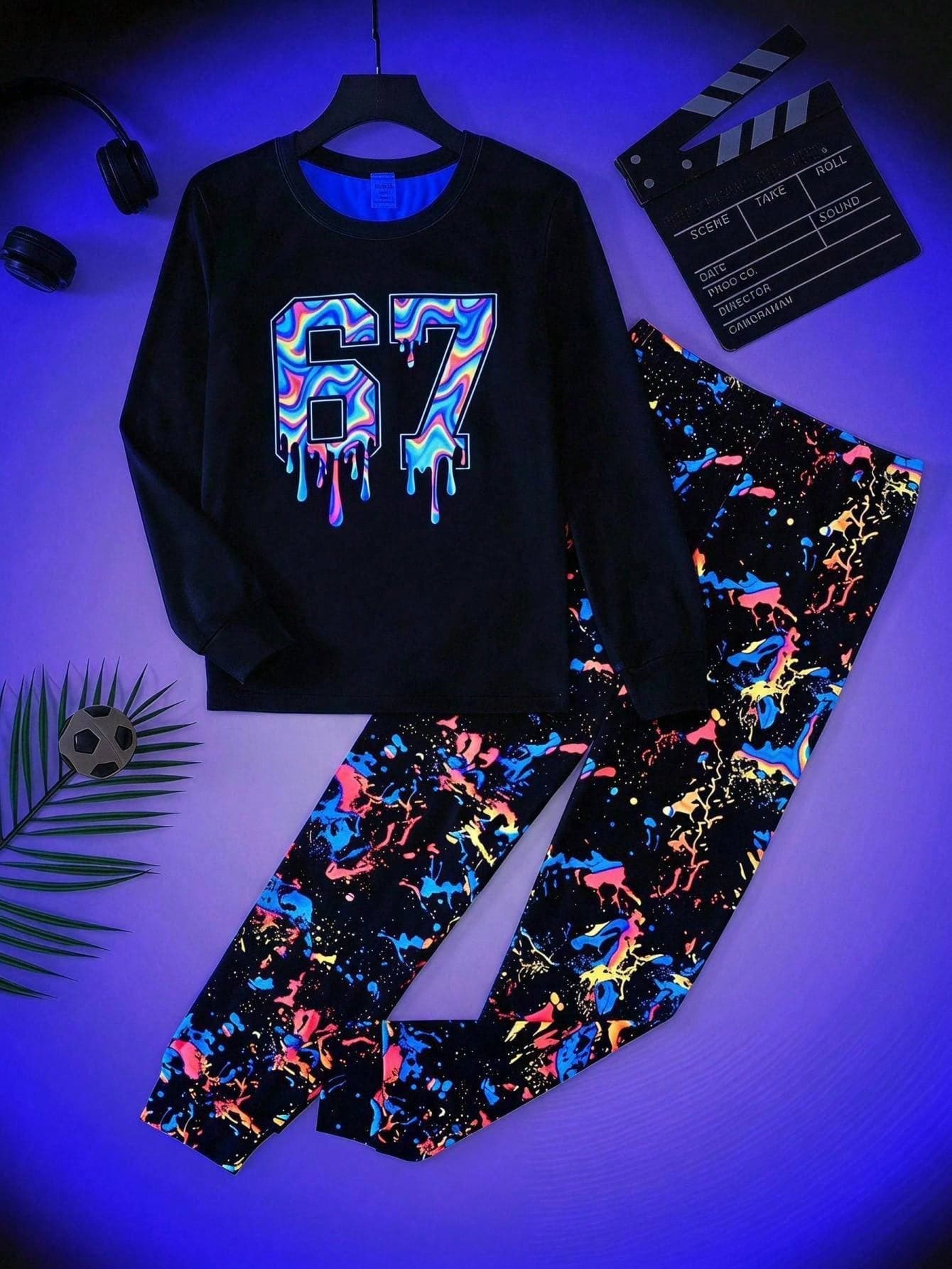 SHEIN 2pcs Kids Tween Boy Casual Daily Comfortable 67 Number Print Pattern Crew Neck Pullover Pajama Top And Pants Knit Loungewear Set