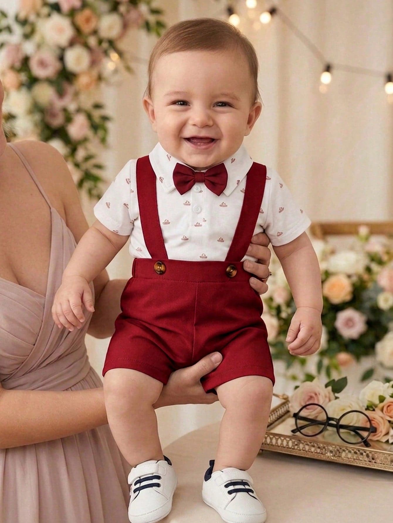 SHEIN Playful Pals Baby Boy Short Sleeve Bodysuit With Bow Tie,Summer Burgundy WhiteTriangle Pattern Shirt Collar Overalls Shorts,Cute Modest Elegant Wedding