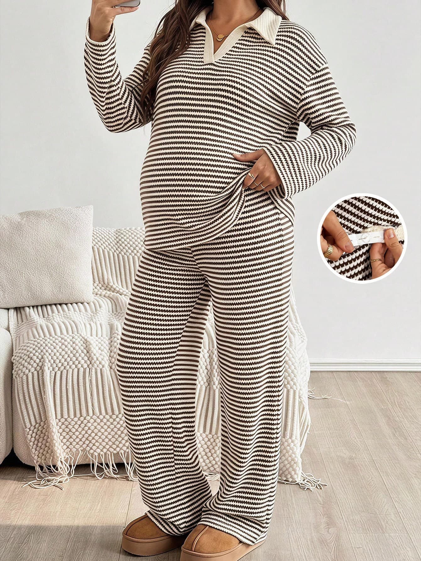 SHEIN Maternity Striped Drop-Shoulder Long Sleeve T-Shirt And Adjustable Waist Pants Casual 2-Piece Set Fall