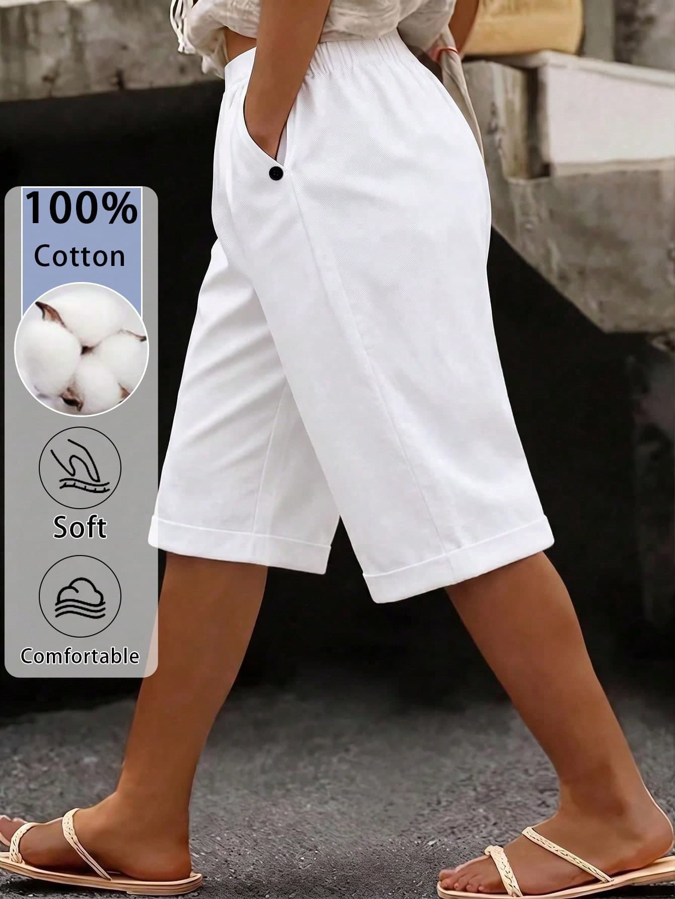SHEIN LUNE CURVE Plus Size Casual Linen Fabric Pocket Shorts