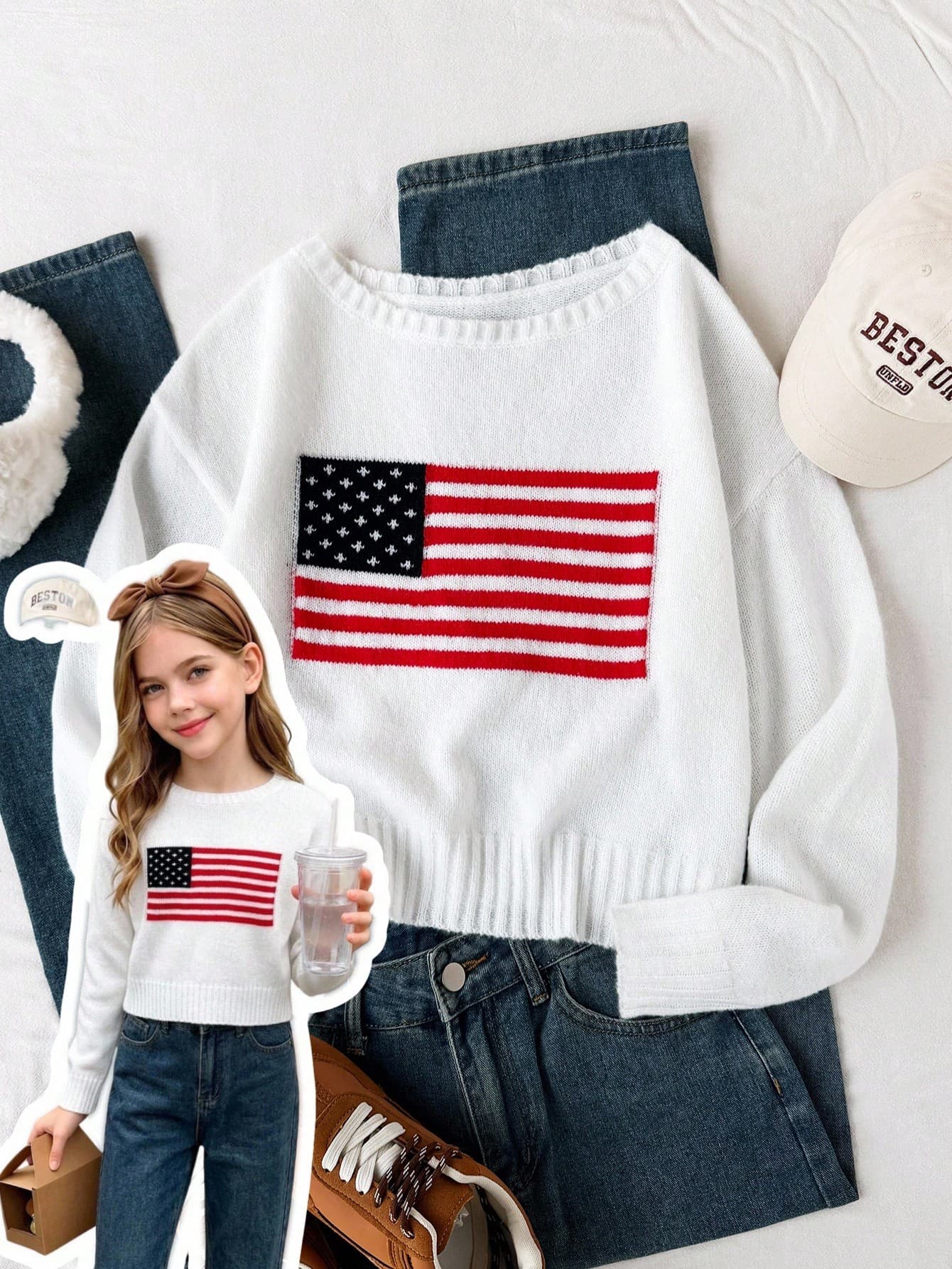 SHEIN 1pc Women's Teenager Sweater, Fashion Casual Versatile Minimalist Crew Neck American Flag Icon Jacquard Pattern, Preppy Style, Regular Thickness, Neat Hem, Tight Cuffs, Soft Skin-Friendly Texture, Suitable For Daily Wear, Outings, School, Home, Autumn/Winter