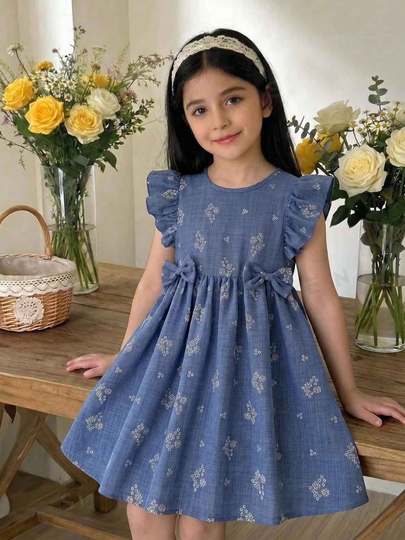Elladie kids Spring/Summer Royal Blue Small Ditsy Floral Rubber Print Girls Square Neck Cap Sleeve Puff Sleeve Cinched Waist Full Skirt Bow Decor Princess Style Dress (Daily Outings / Birthday Party / School Wear) Side 3D Bow Decor Cute Flutter Sleeve A-Line Dress