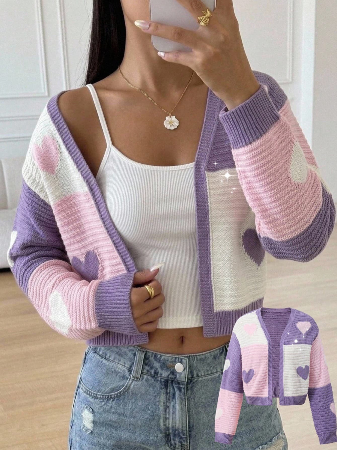 SHEIN 1pc Women's Cardigan Sweater, Fashion Casual Versatile V-Neck Contrast Color Heart Jacquard Pattern, Short Length, Fresh Style, Regular Thickness, Neat Hem, Tight Cuffs, Soft And Skin-Friendly, Suitable For Daily Wear, Outings, School, Shopping, Autumn/Winter