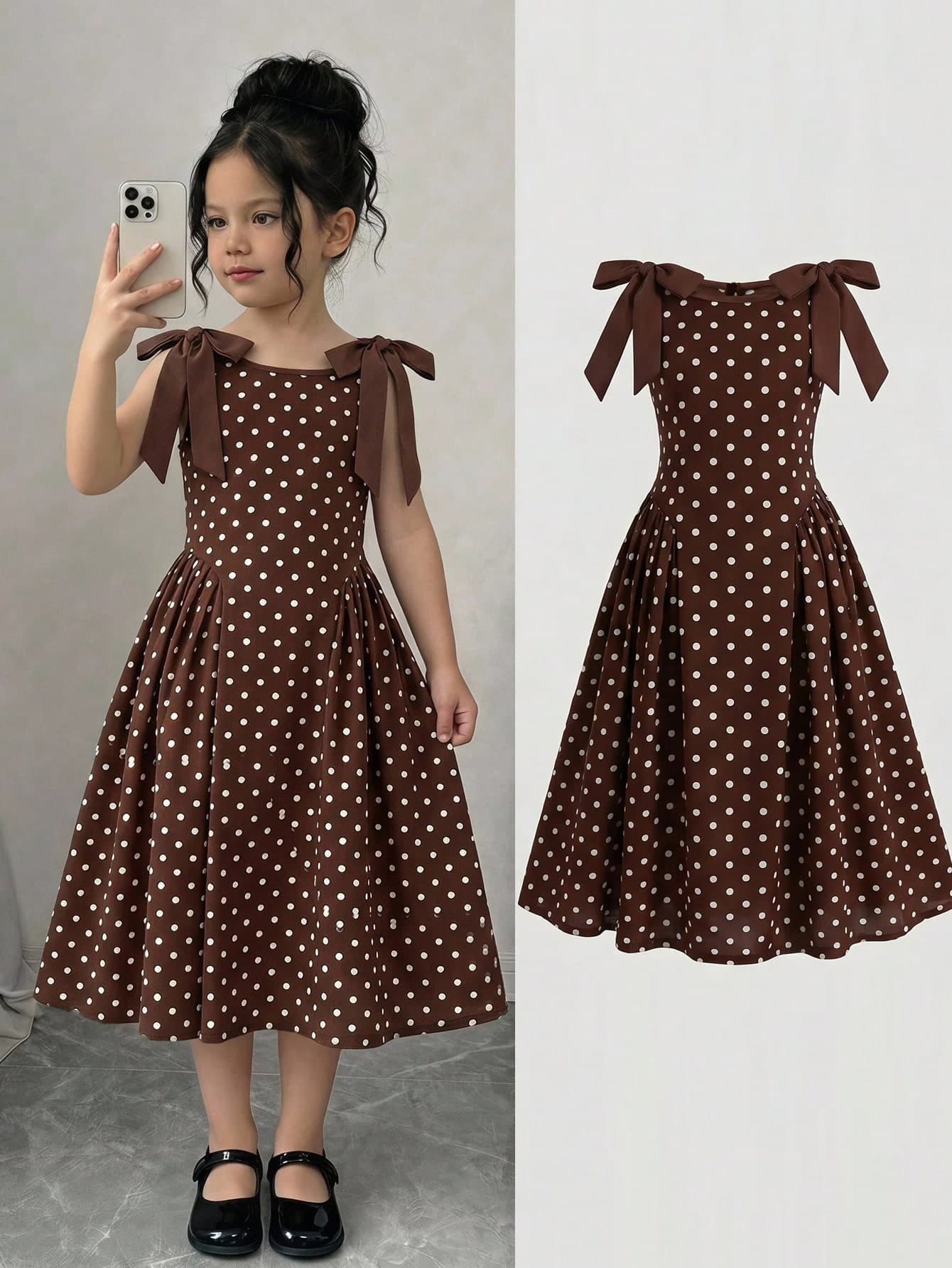 Firerie Kids Firerie Kids Young Girl Girls Casual Elegant Fashion Daily Versatile Polka Dot Round Neck Detachable Bow Sleeveless Dress