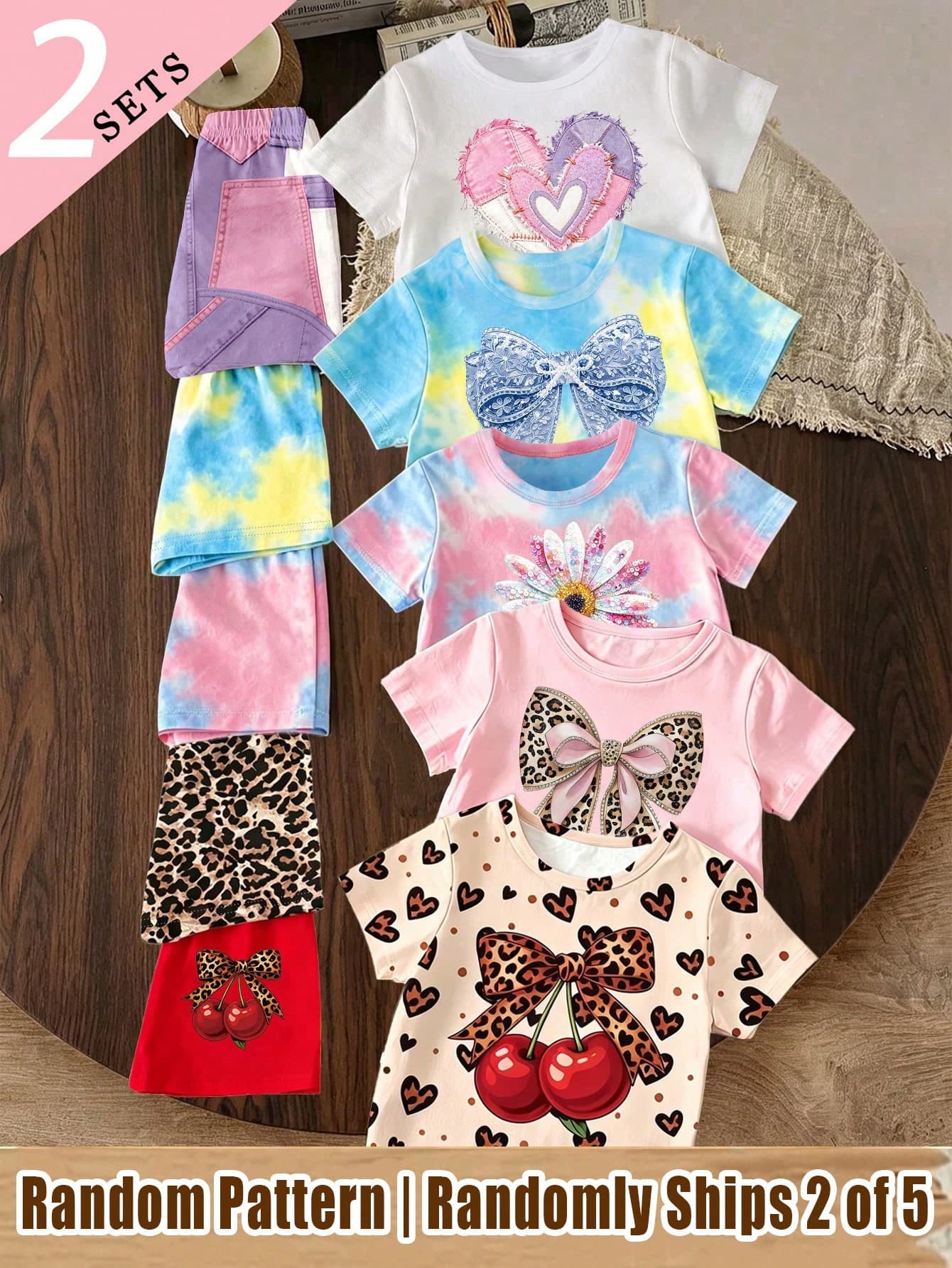 Elladie kids (Randomly Ships 2 Of 5)Girls' Leopard Print Shiny Bow Patchwork Heart Flower Cherry Pattern Basic Short T-Shirt And Shorts Set Back To School