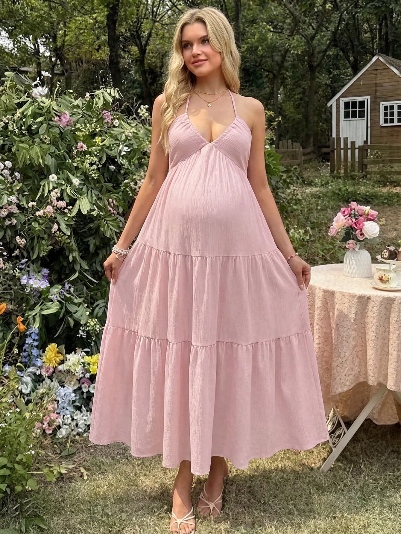 Cheriluna Maternity Pink Halter Backless Maternity Dress For Women,Summer Holiday Resort Wear Outfit,Picnic Vacation Dresses For Photoshoot,Zanea New Arrival Holiday