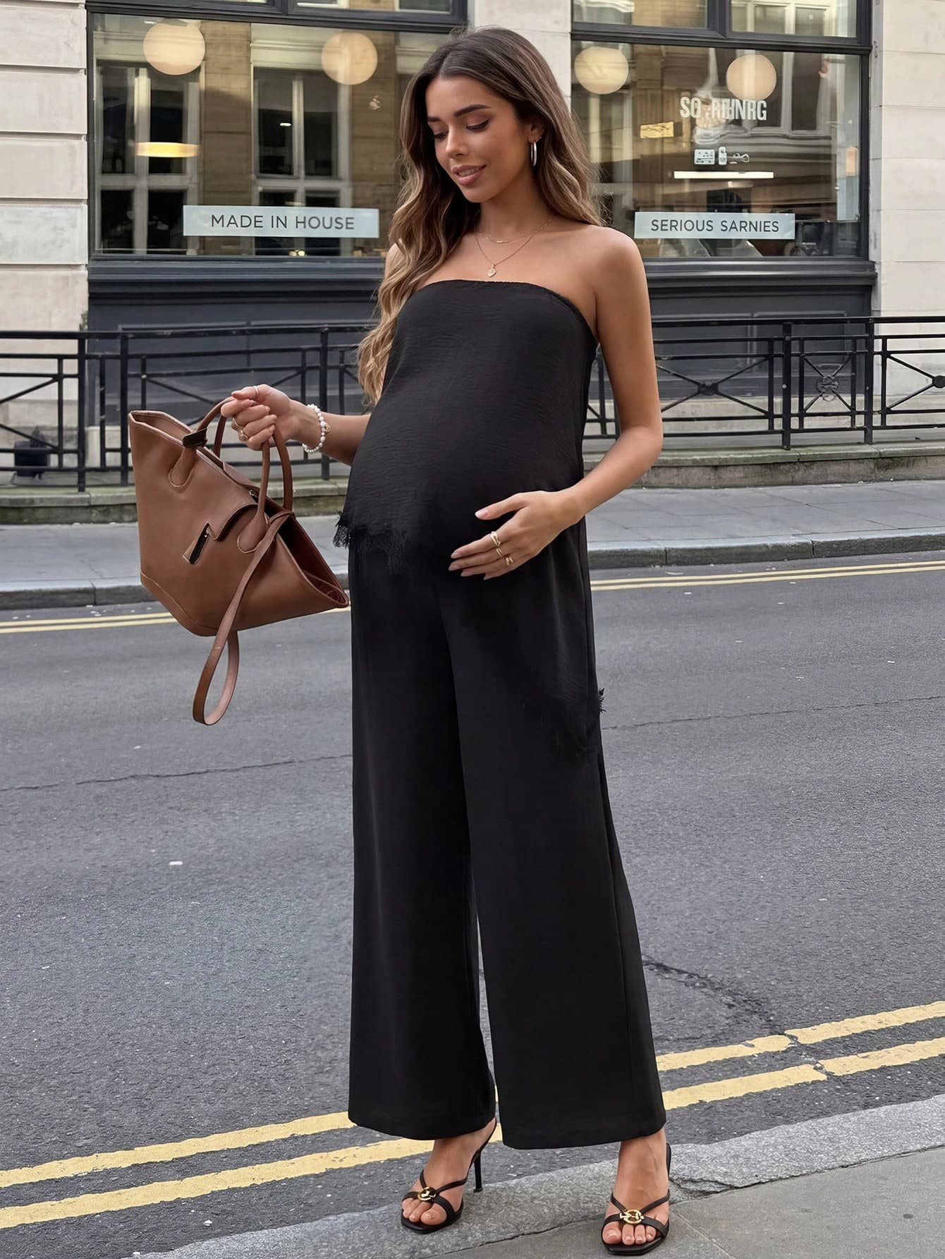 SHEIN 2pcs Maternity Set, Asymmetrical Bandeau Top & Wide Leg Pants