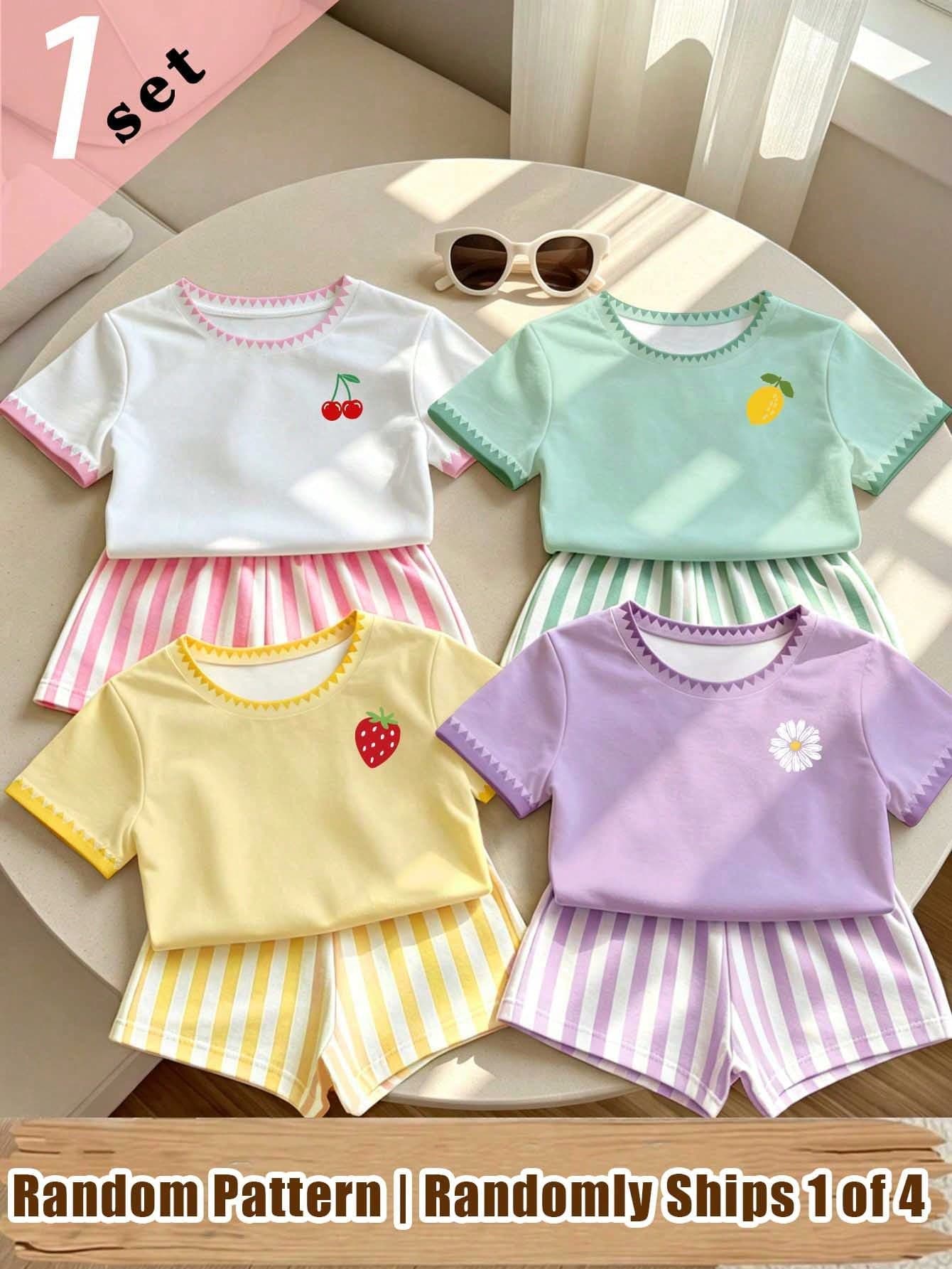 Elladie kids (Random Pattern, 1 Set Random) Girls' Cherry Lemon Flower Strawberry Pale Yellow White Vertical Stripe Pattern Short T-Shirt And Shorts Back To School