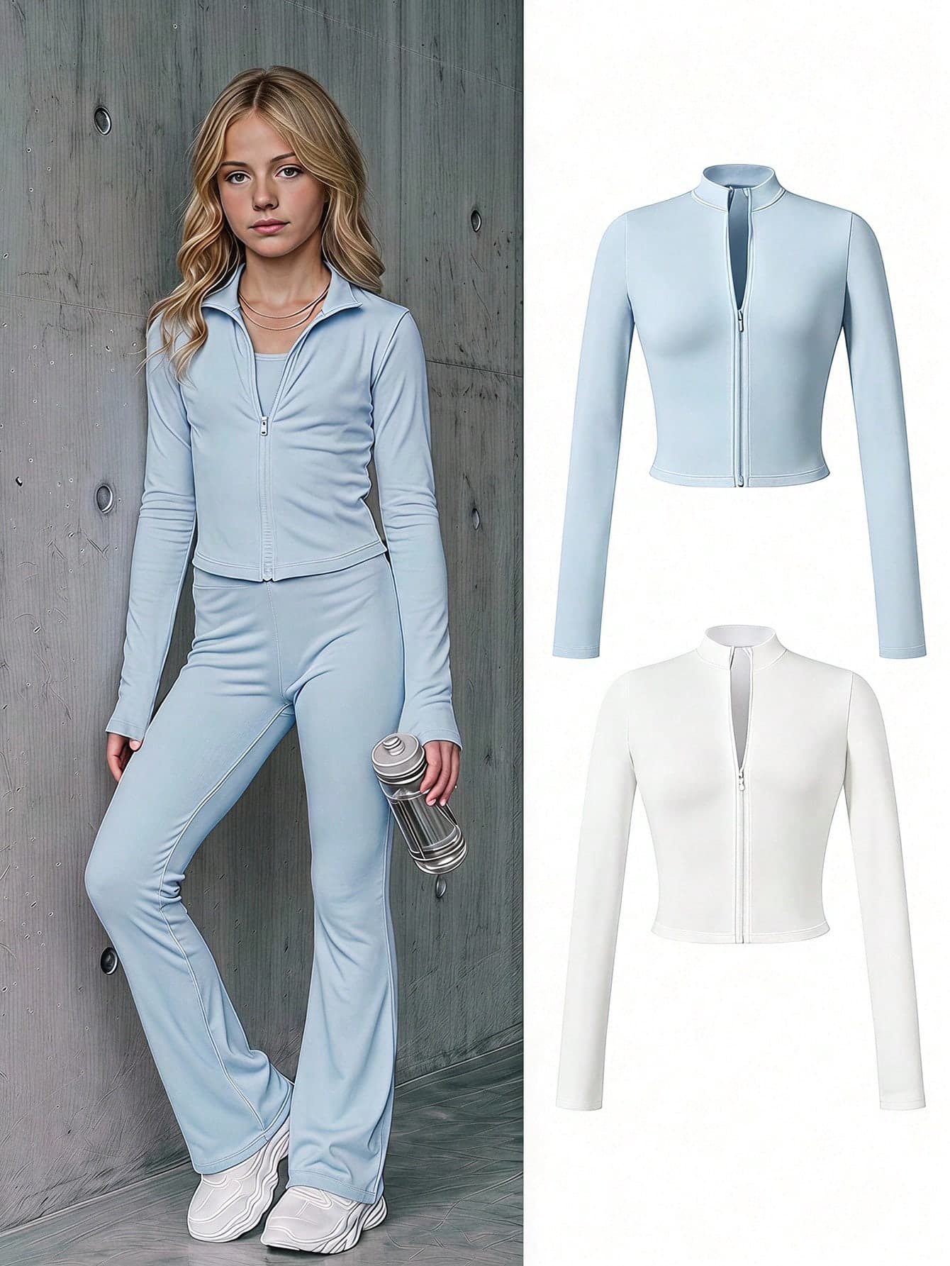 SHEIN Teen Girl Solid Color 3D Bone Line Stand Collar Zipper Front Slim Fit Long Sleeve Jacket,Random 1pc Sent
