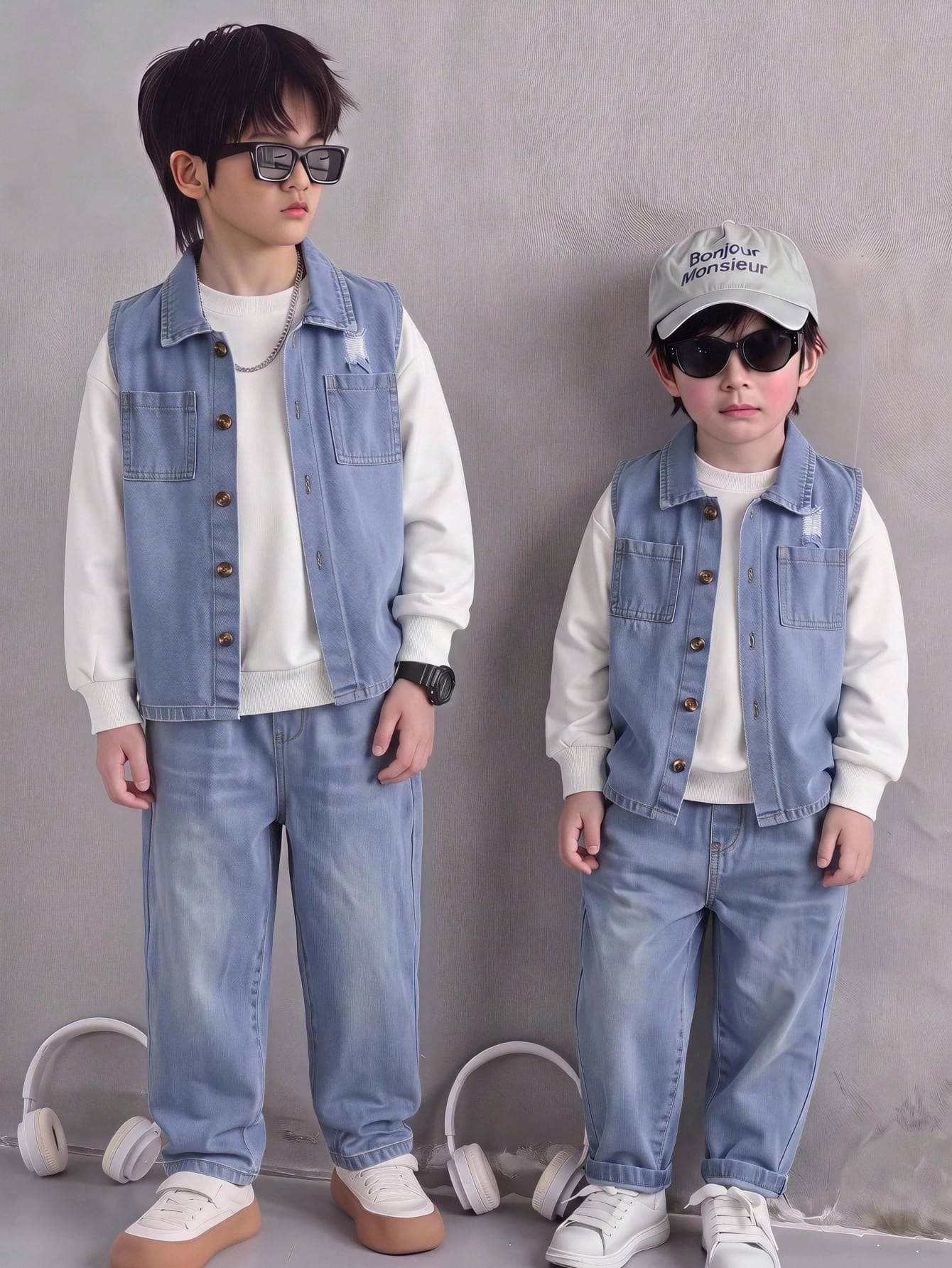 SHEIN 2pcs Kids Young Boy Casual Korean Style Versatile Comfortable Denim Open Front Vest & Denim Long Pants Woven 2-Piece Set