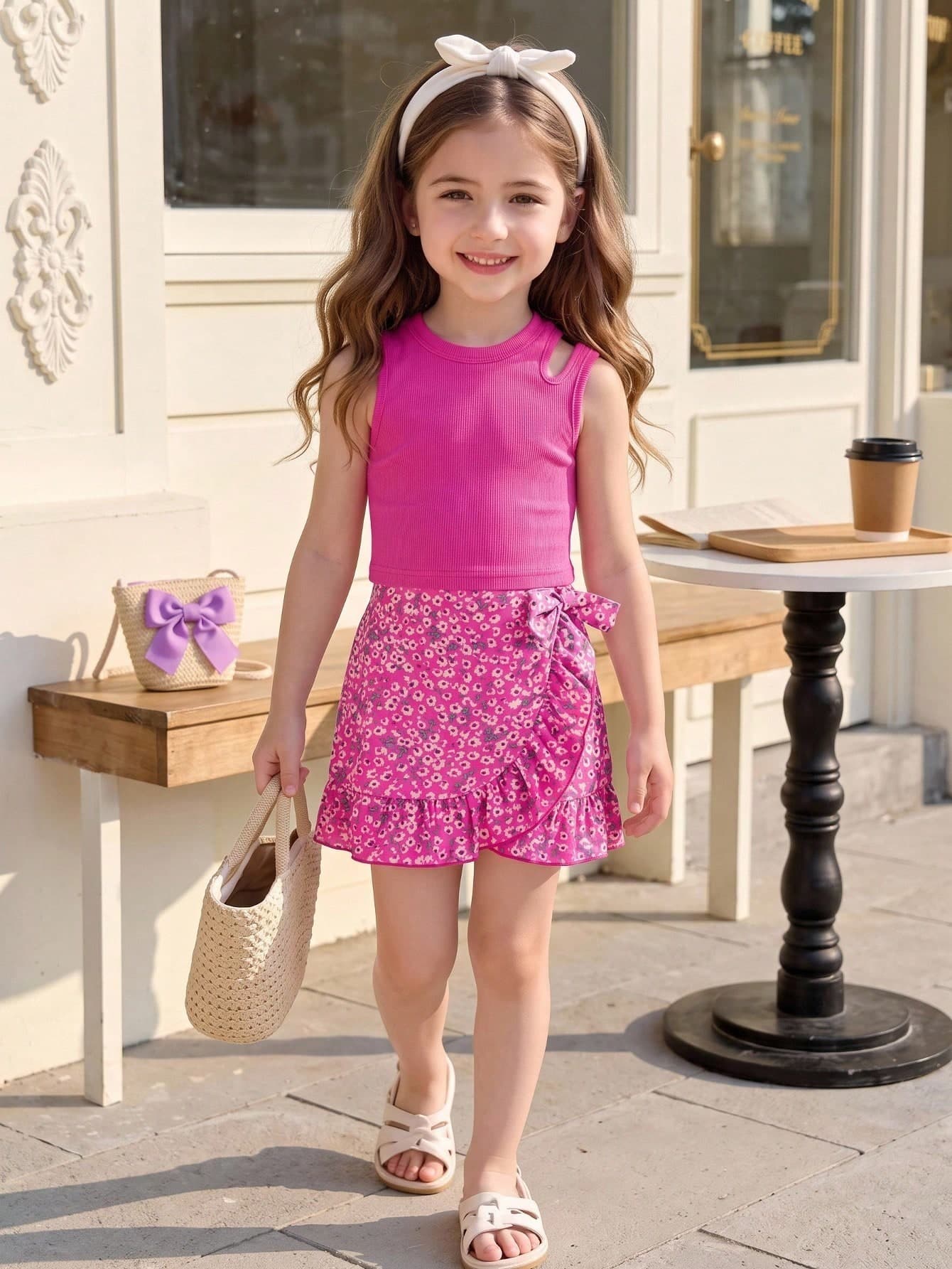 Elladie kids Spring/Summer Girls' Floral Patchwork Sleeveless Dress, Top Is Fuchsia Ribbed Sleeveless Tank Top With Shoulder Cut-Out Design, Bottom Paired With Same-Color Floral Wrap Skirt, Waist Bow Decoration Adds Playfulness, Ruffle Hem Is Lively And Soft; Overall Style Is Sweet And Vibrant, Suitable For Daily Outings, Amusement Parks, Parties, Parent-Child Activities And Other Occasions