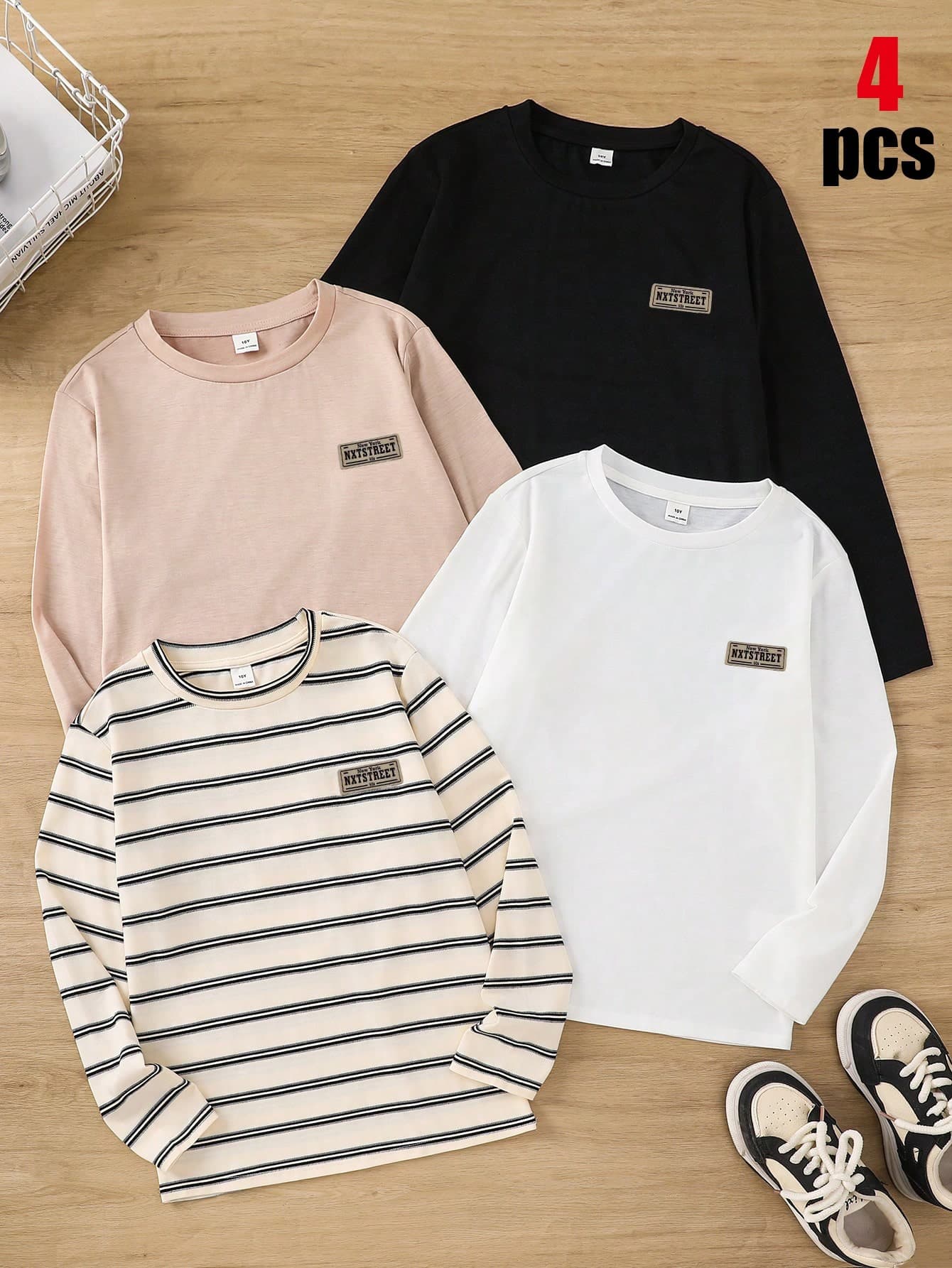 Kids Tween Boy Casual Solid Color & Striped Long Sleeve T-Shirt 4pcs Set, Versatile Tops For Commuting, School, Daily Wear, Casual Outings, Sports, Suitable For Autumn/Winter