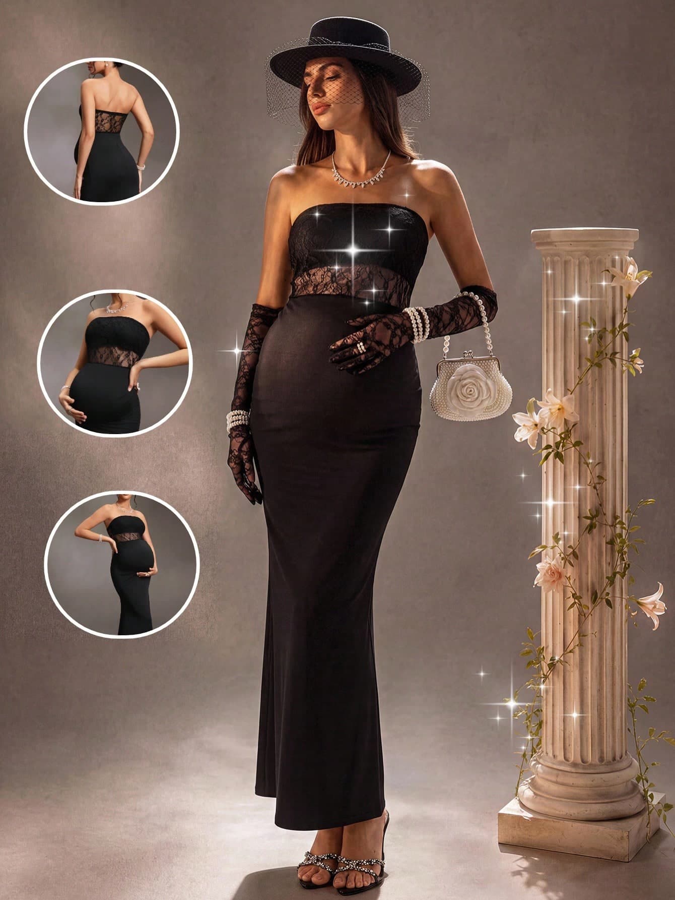 Cheriluna Maternity Elegant Maternity Party Strapless Fitted Black Lace Double Layer Design Mermaid Hem Maxi Dress