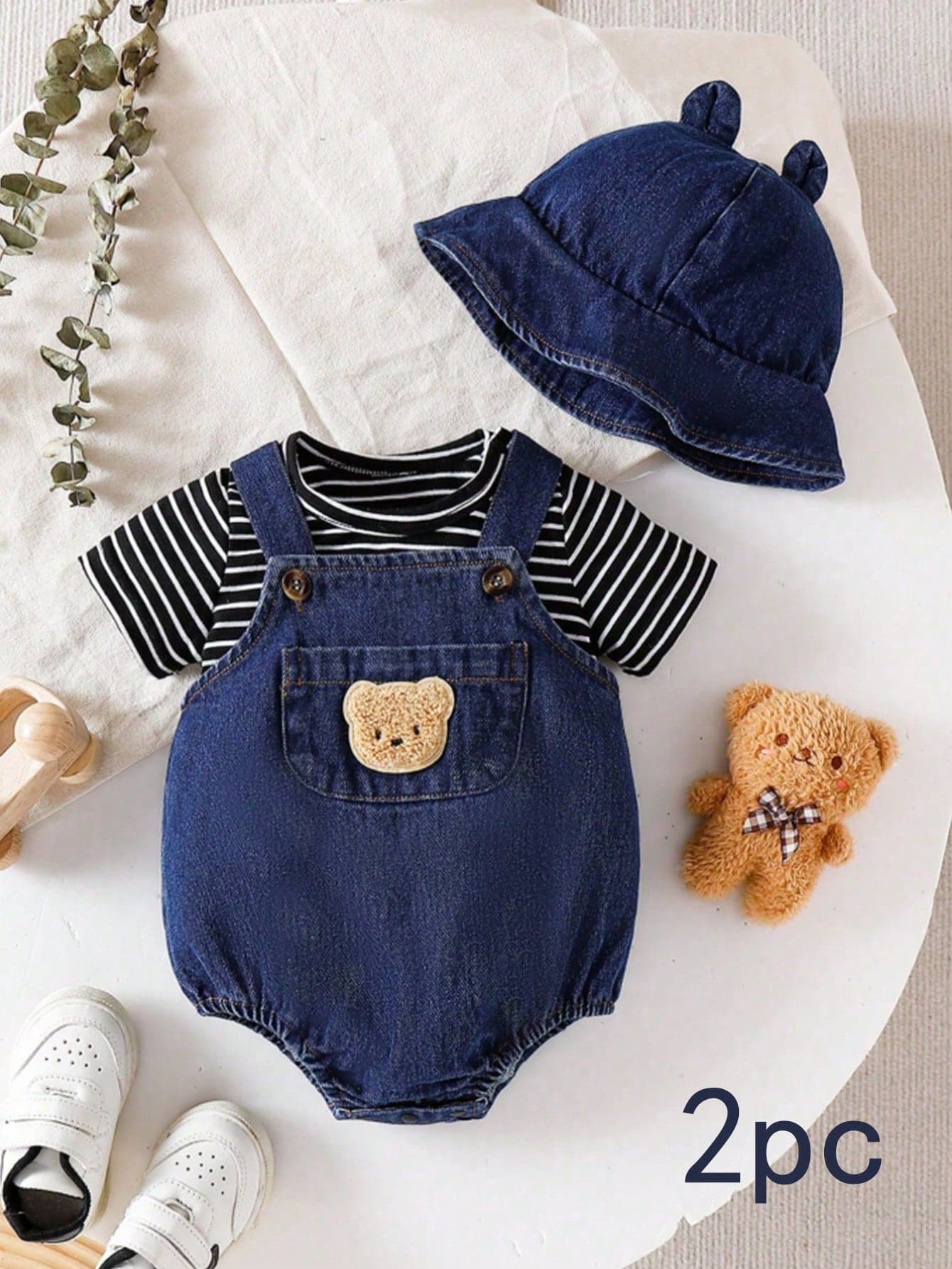 SHEIN Playful Pals Newborn Summer Cute Bear Embroidered Pocket Adjustable Strap Bodysuit Blue And White Striped Casual Short Sleeve Tee Soft Without Hat