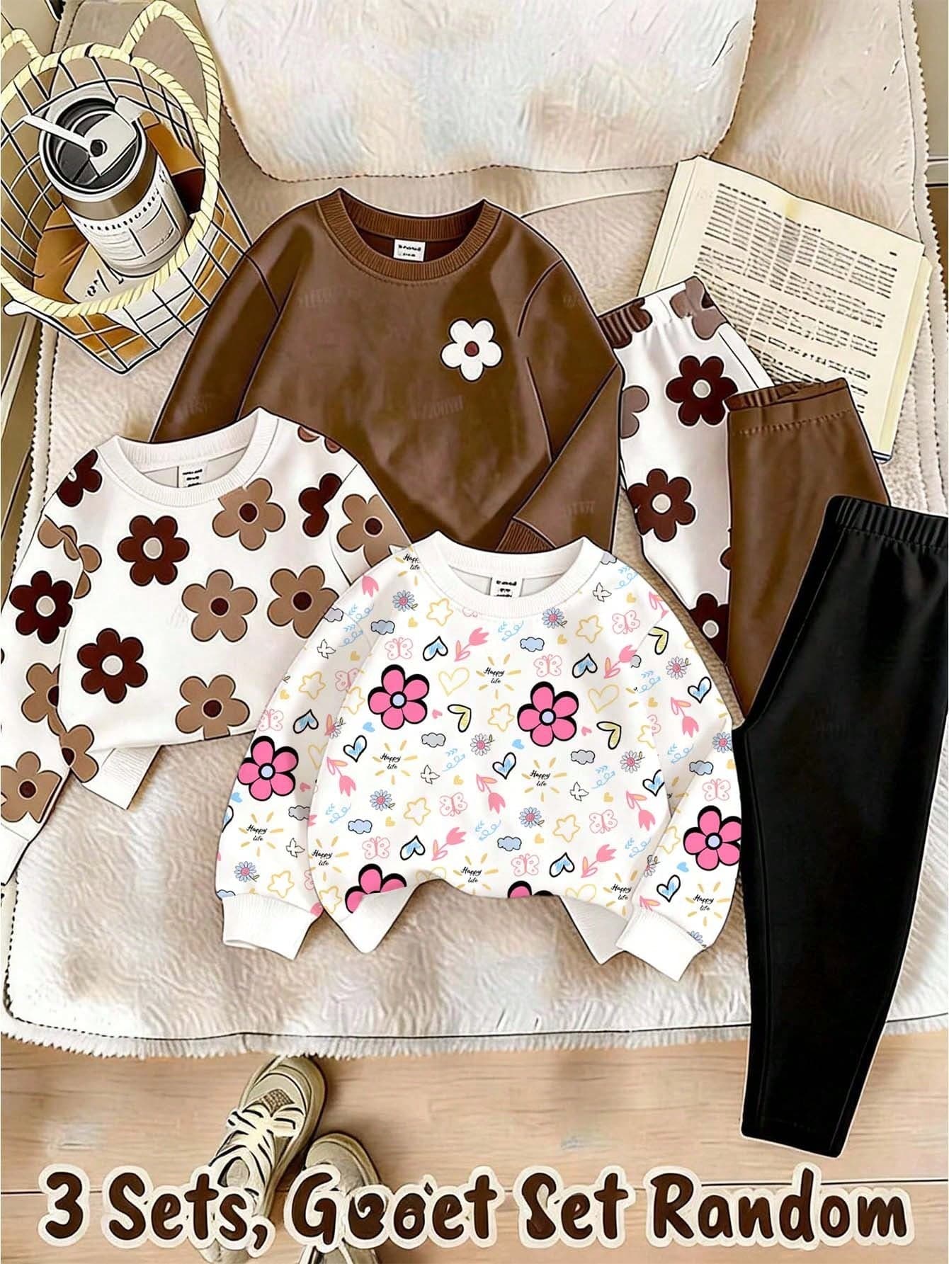 SHEIN Sparklyn Korean Style Gentle Floral Print Young Girls Sweatshirt Flare Pants Casual 2-Piece Set Soft Skin-Friendly Crew Neck Long Pants Winter Back-To-School