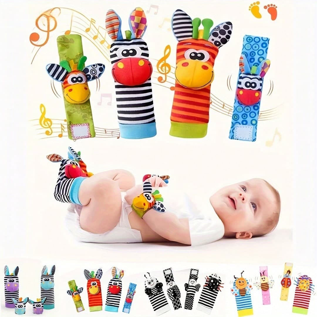 4pcs Delightful Infant Wrist Rattle Foot Finder Toy Set - Perfect For Babies - Stimulate Learning And Teething Fun! (With Snap And Jingle)