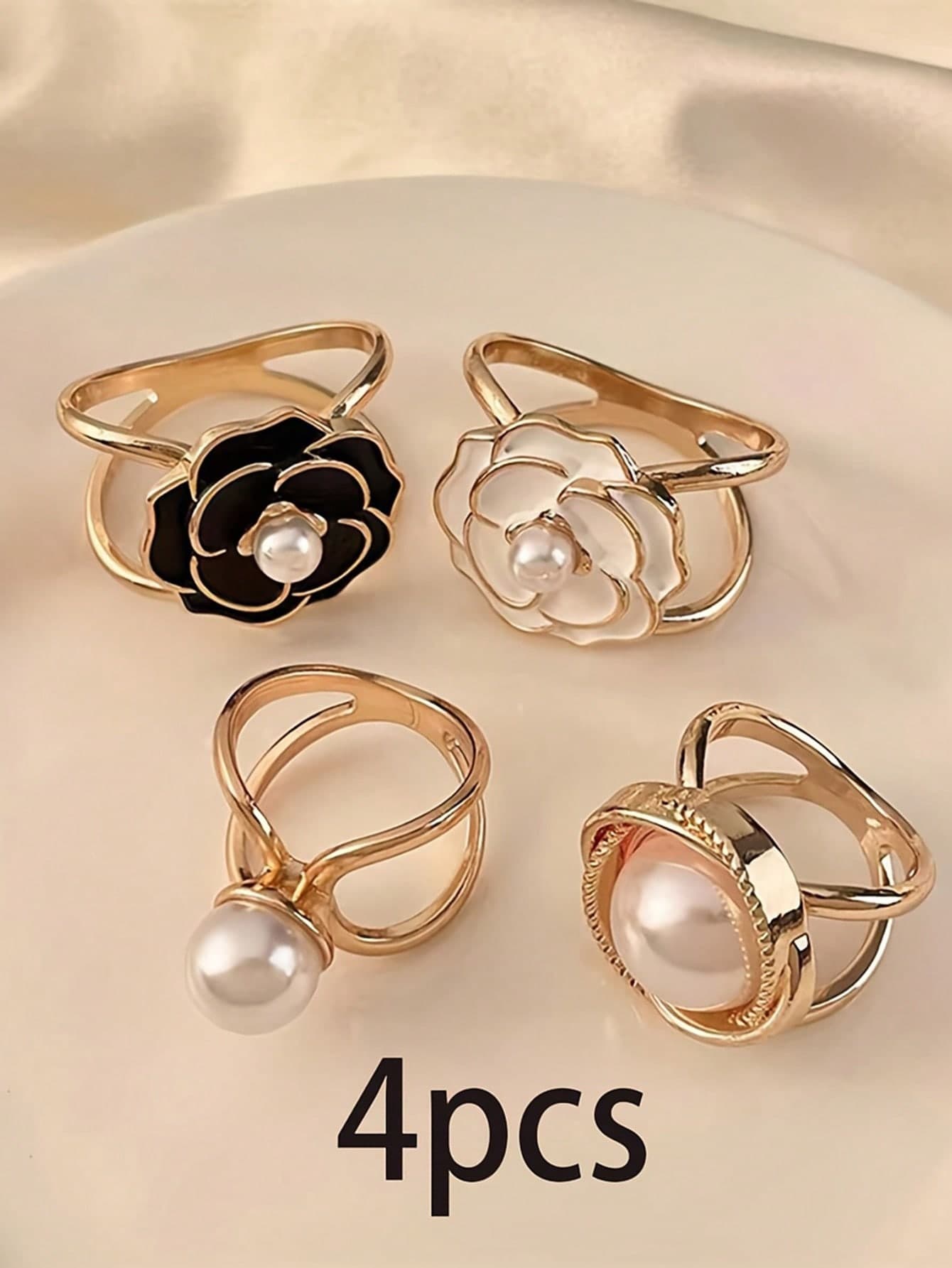 4PCS Accessories Women Hijab Pins Casual Simple Bohemian Style Gold Faux Pearl Silk Scarf Combination Buckle Corner Knot Ring Multifunctional Scarf Fixed Buckle