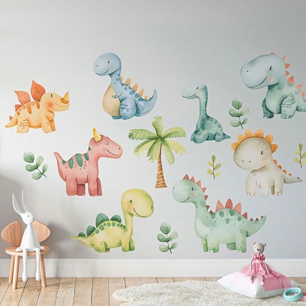 1 Set Of Whimsical Watercolor Dinosaur Wall Stickers - Waterproof, Self-Adhesive, Multi-Color Cartoon Dinosaurs With Palm Leaves, Perfect For Youngsters' Room Decor, Gift Wrapping